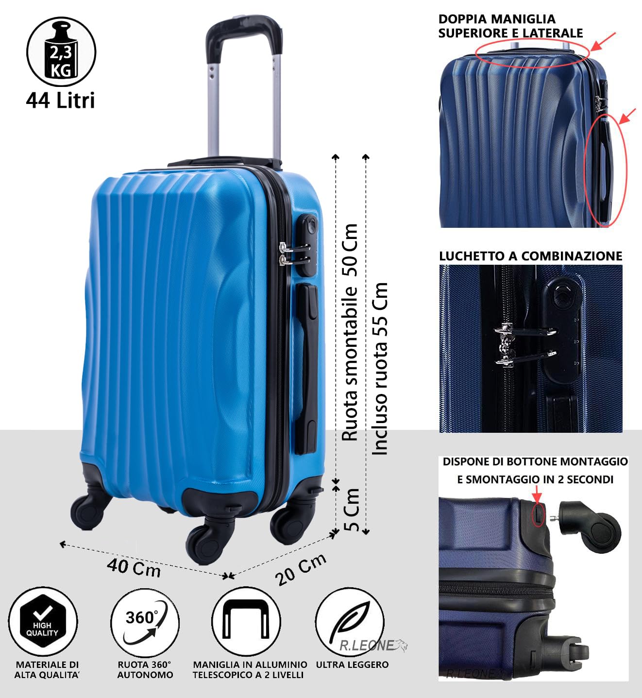 R.Leone Ryanair 55x40x20 cm Valigia Trolley Bagaglio a mano 4 Ruote rimovibile Ultraleggero in ABS Autonomo 20373N (Azzurro, Valigia 55X40X20cm)
