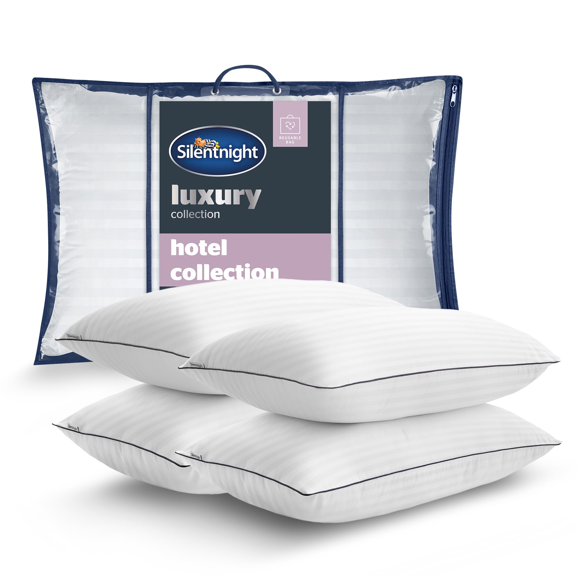 Silentnight Luxury Hotel Collection Piped Pillow - Hotel Quality Stylish Pillow Soft Medium Support for Back & Side Sleepers - Filled with Finest Fibres, Hypoallergenic and Machine Washable, Pack of 4