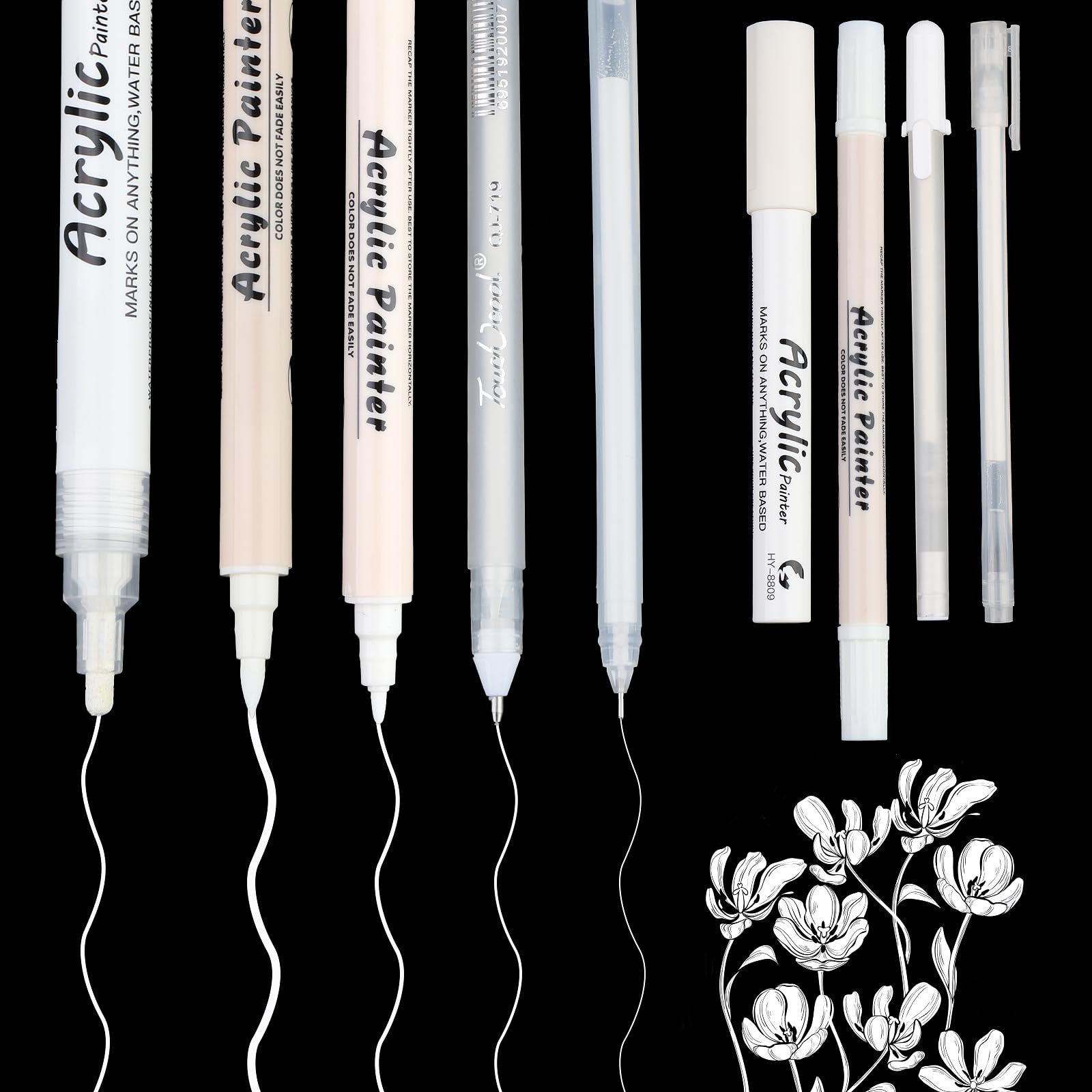 Meanon 8 Pcs White Gel Pen, 0.6/0.8/1/2 mm White Ink Pens, Line Drawing Pen for Artists, Highlight Pens for Art, Black Paper, Colouring Books, Sketching