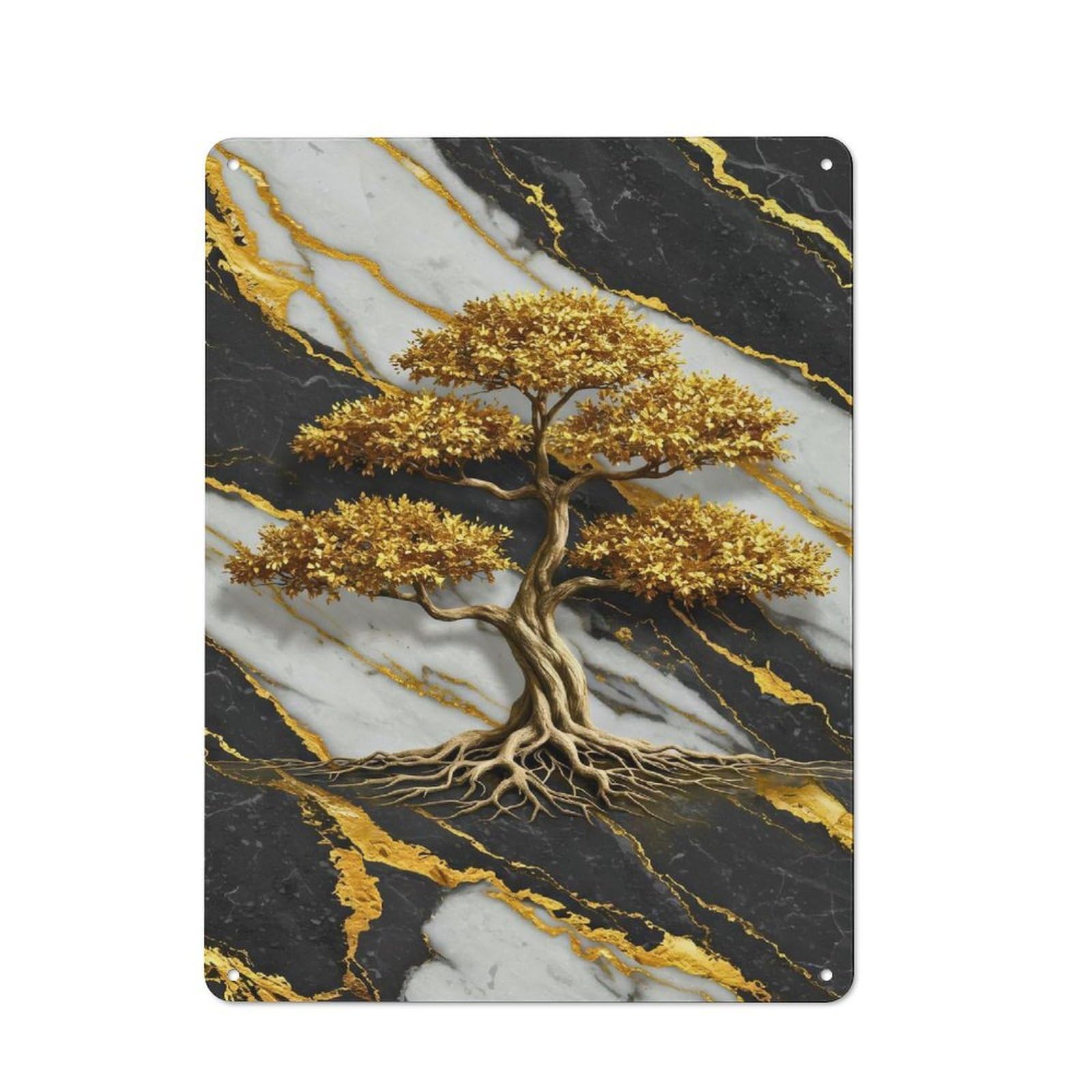 Junmoney Golden Bonsai Tree On Marble Background Simple Retro Tin Sign 40X30cm, Office Wall Decor For Hobby Room, Office, Lounge Or Living Room