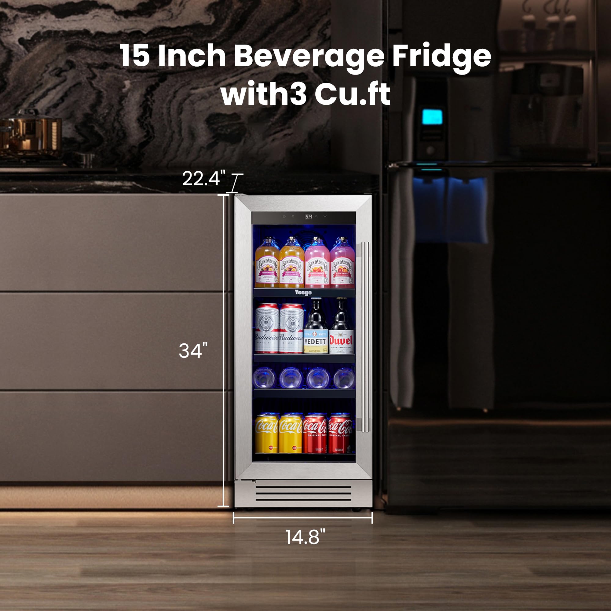 YEEGO 15 Inch Beverage Refrigerator, Beverage Cooler Stainless Steel Refrigerator Built-In Or Freestanding, Small Wine Fridge With Glass Door, Drink Fridge For Beer, Soda, Wine (Left-Hinged) on Fridge.com - View 2