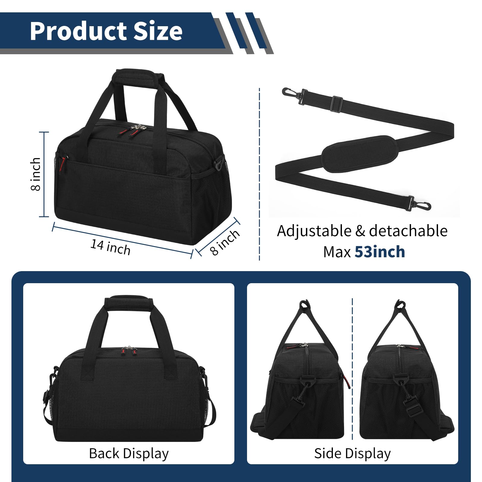 Bolsa de gimnasio pequeña con bolsillo húmedo, Negro -, 35,56 cm, Gimnasio