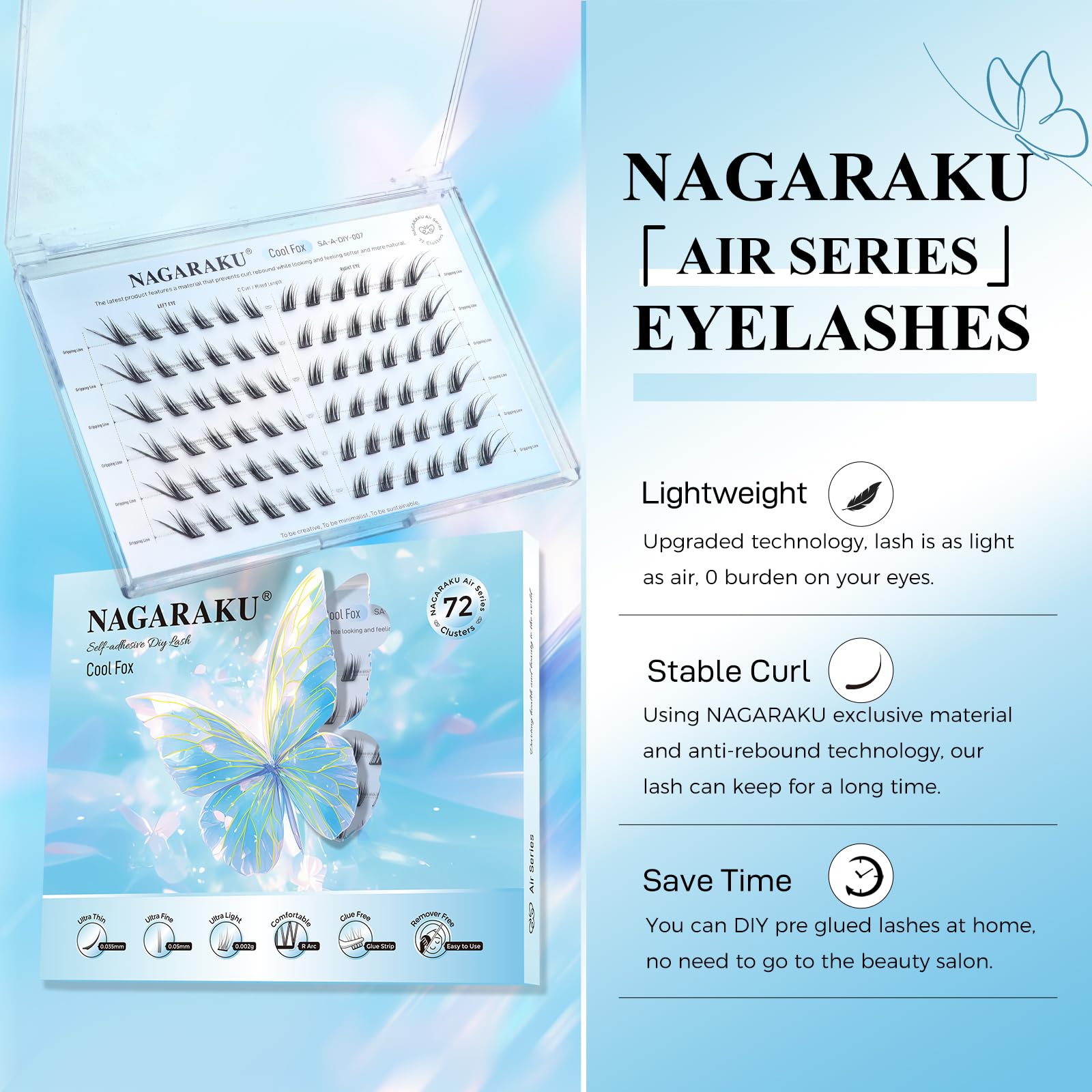 NAGARAKU Ciglia Autoadesive A Pressione con Pinzette 72 Fans Monopezzo Sottili Senza Colla Né Remover Pre-Glue Riutilizzabili Dall'aspetto Volo Obliquo Eyelash con Effetto Eyeliner (C Curl Cool Fox)