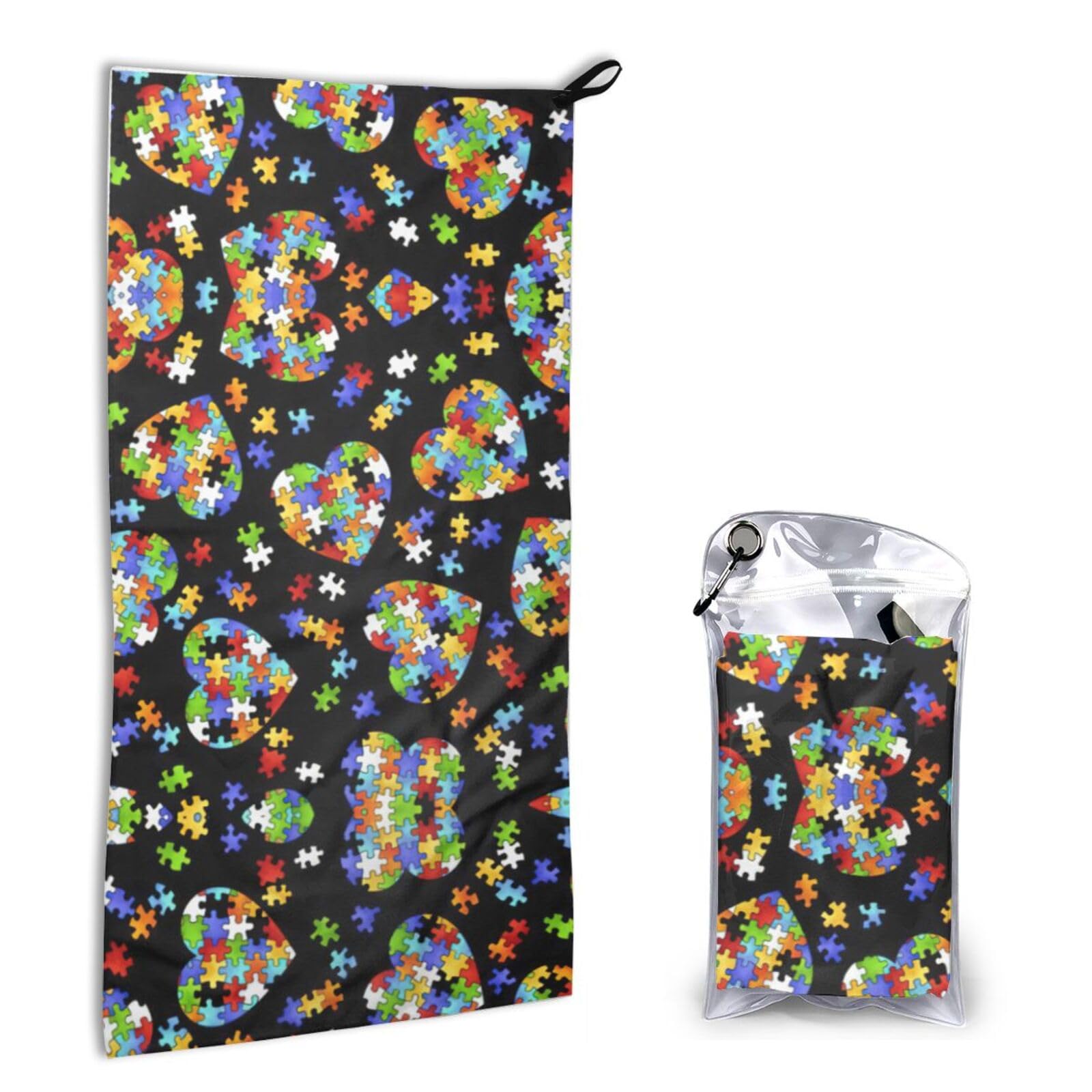 Autism Awareness Puzzle Pieces Heart Print Quick Dry Microfiber Towel 16x31.5 Inches, Super Absorbent Lightweight Compact Travel Towel With Carabiner & Carry Bag For Outdoor, Beach, Gym, Camping