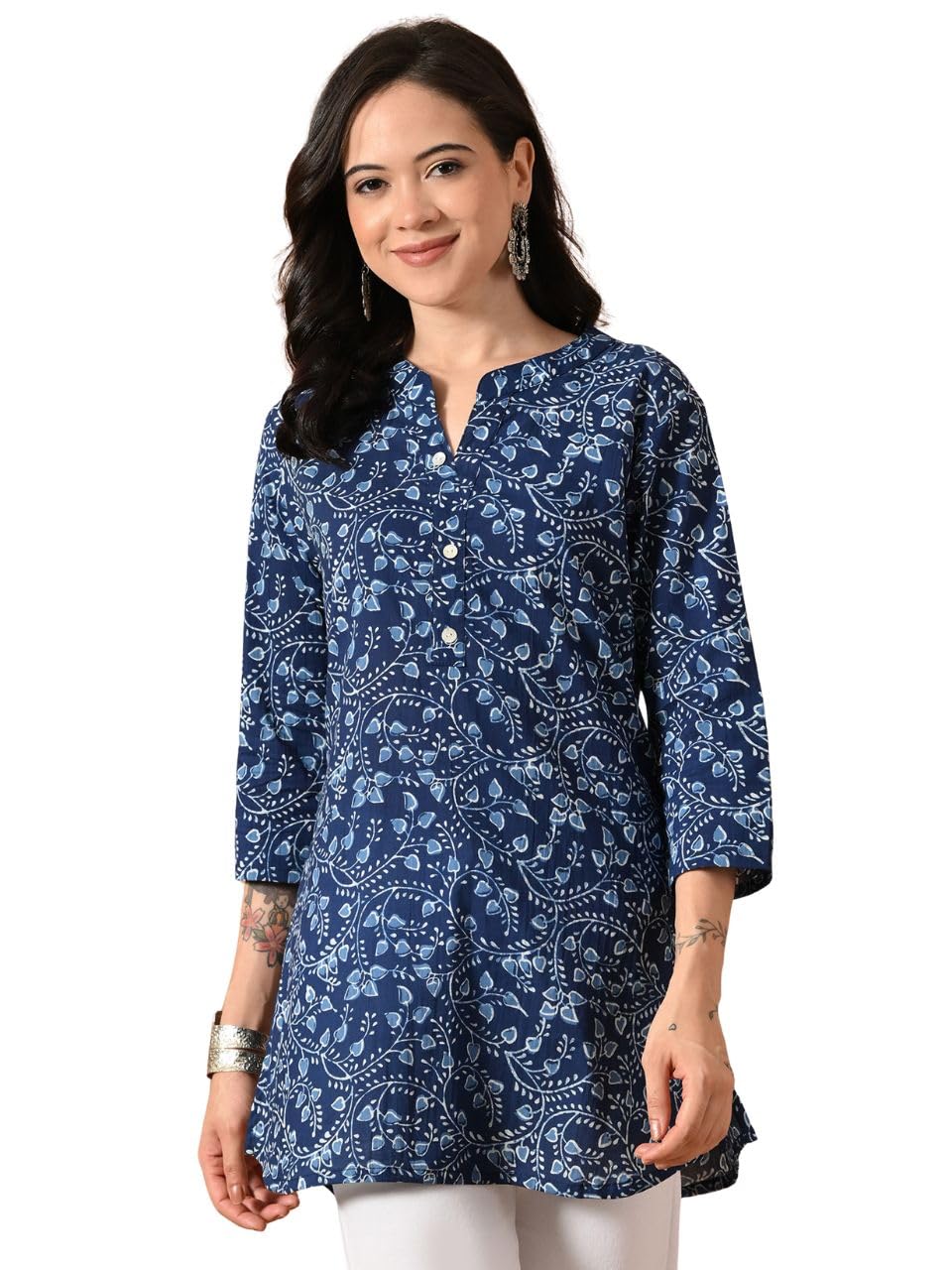 Dennis Lingo Women Floral Printed Mandarin Collar 3/4th Sleeve Short Kurti | Everyday & Office Ethnic Wear Kurta | Pure Cotton Top in multi