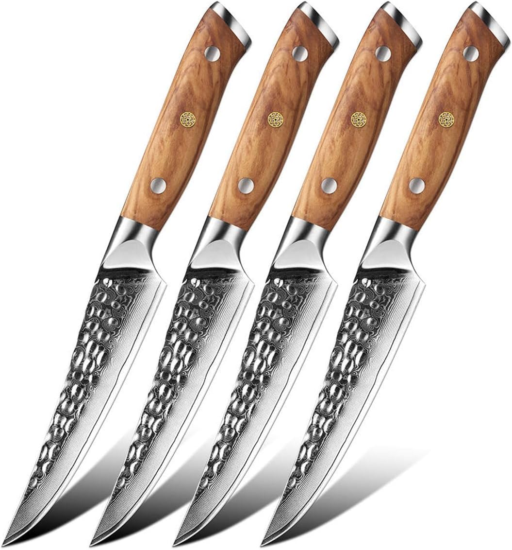 Steak Knife Set of 8,Damascus Kitchen Steak Knife Set,67 Layers,Sharp Non-Serrated Edge,Kitchen Table Knife with Olive Wood Handle - Ideal for Table Dinners and Fruit Pairing