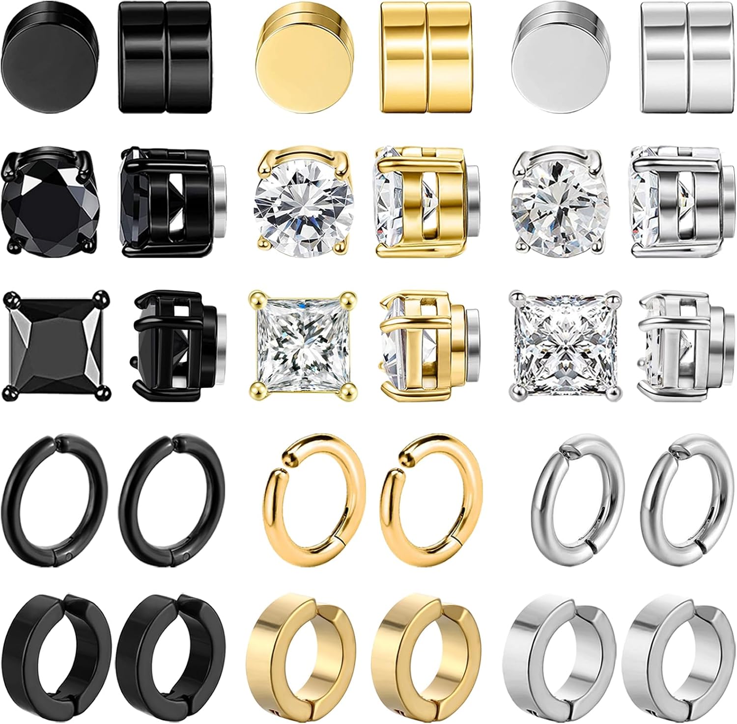 NEWITIN 15 Pairs Magnetic Stud Earrings for Men Clip on Earrings Stainless Steel Magnet Earring Unisex Dangle Cross CZ Hoop Magnetic Stud Earring Set for Men Women