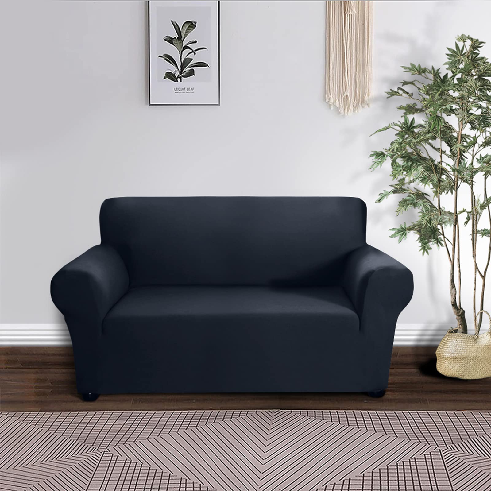Housse de canapé extensible 1 place bleu marine antidérapante