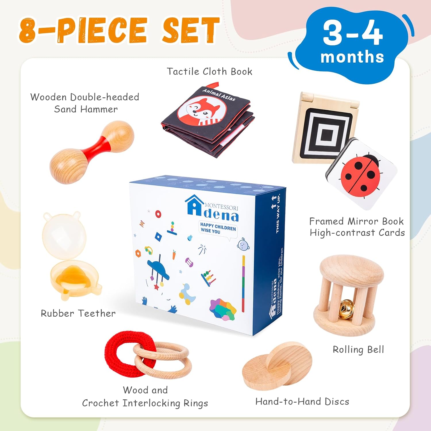 Adena Montessori Play Kit for 3-4 Months Baby,8 in 1 Wooden Learning Educational Toys for Toddler,Include Framed Mirror Book,High-Contrast Cards and More,Christmas Birthday Gift for Boys Girls