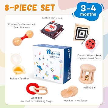 Adena Montessori Play Kit for 3-4 Months Baby,8 in 1 Wooden Learning Educational Toys for Toddler,Include Framed Mirror Book,High-Contrast Cards and More,Christmas Birthday Gift for Boys Girls | Wood framed mirror book, high contrast cards for visual tracking, cognitive growth, sensory exploration, nursery, gift.