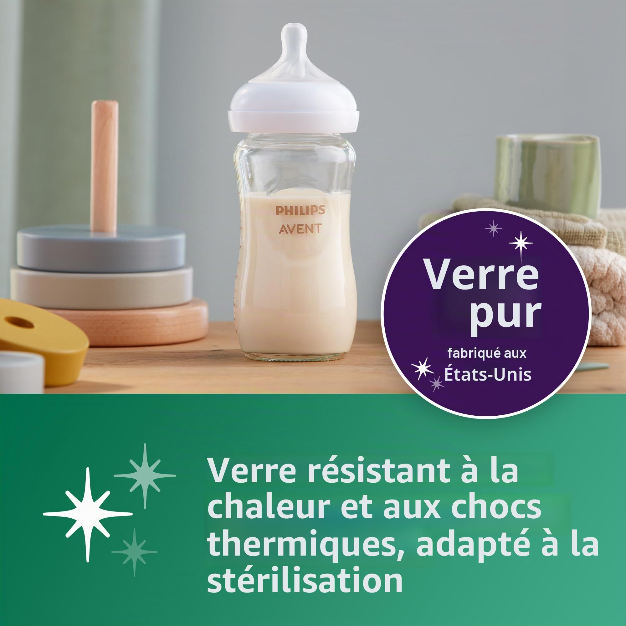 Philips Avent SCD858/01 Coffret cadeau en verre naturel pour nouveau-né avec tétons à réponse naturelle, 3 x 118 ml (débit lent, débit 2) et 2 x 237 ml (débit moyen, débit 3), 2 x manchons en silicone