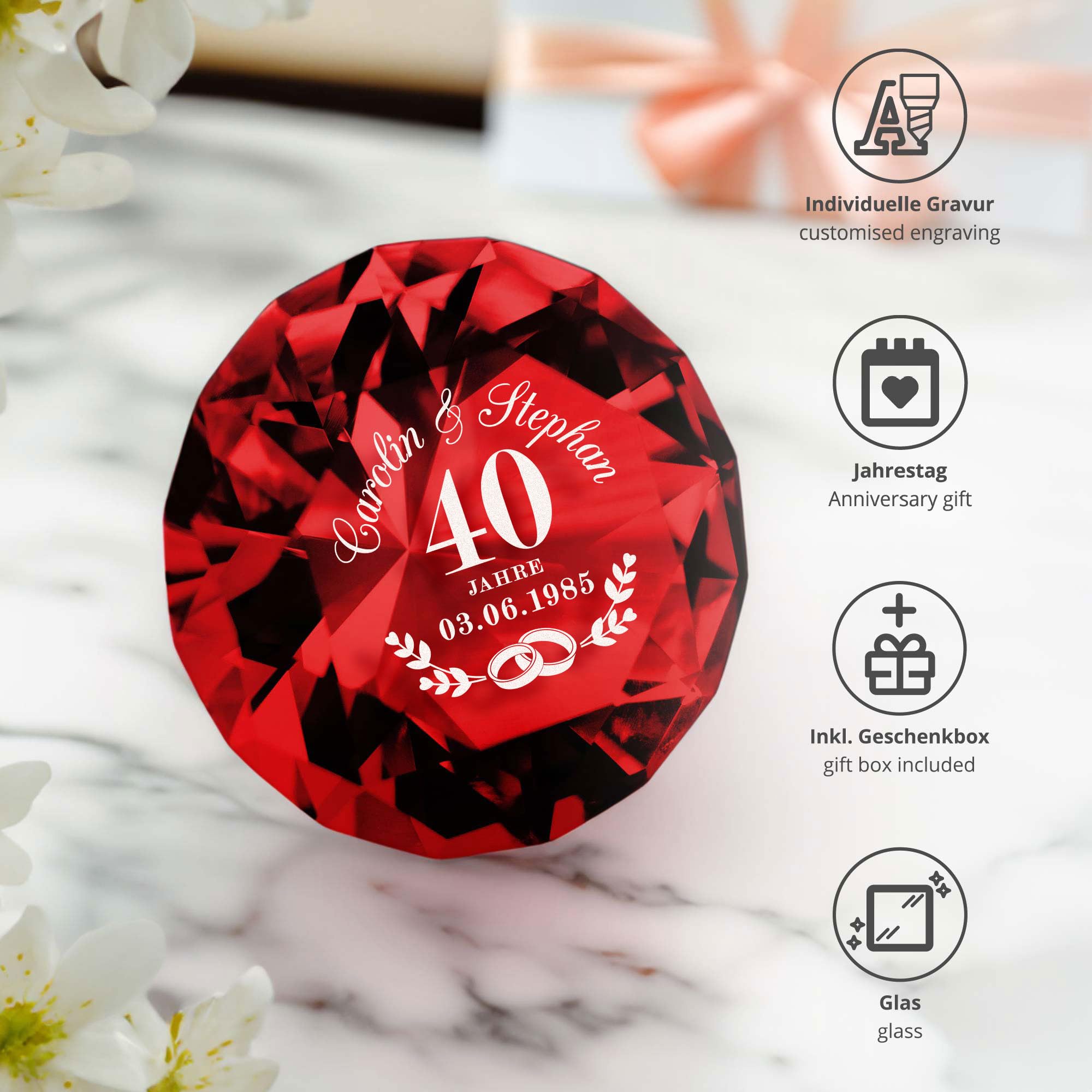 Casa Vivente Glas Kristall zur Rubinhochzeit, Diamant mit Gravur, Personalisiertes Hochzeitstag Geschenk, Kristall Deko Geschenk zum 40. Hochzeitstag, Geschenke für Paare
