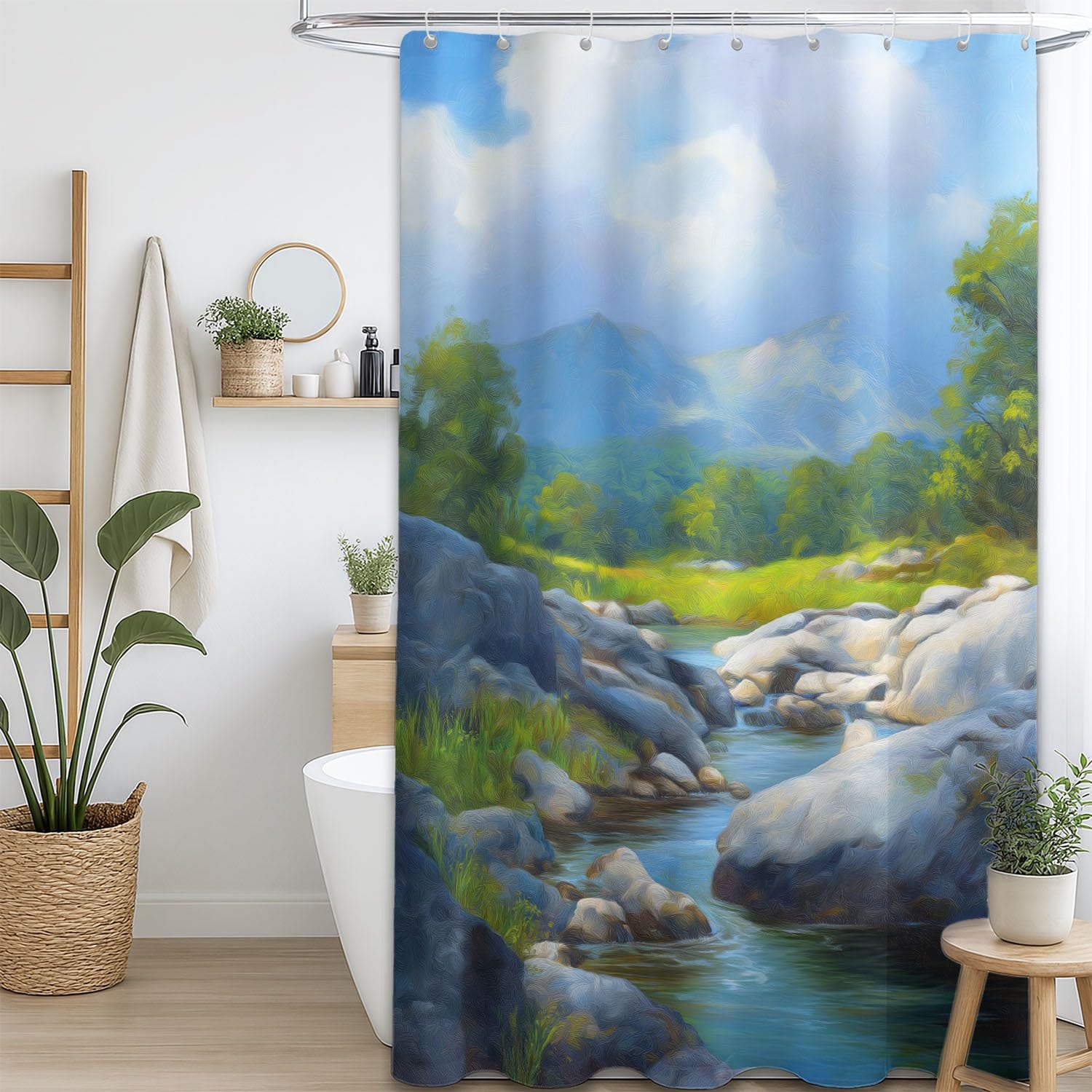 Cortina de ducha natural para paisaje, cortina de ducha, 180 x 200 cm, antimoho, tela lavable, naturaleza salvaje, río, sinuoso, rocas, baño, bañera, con ganchos, azul