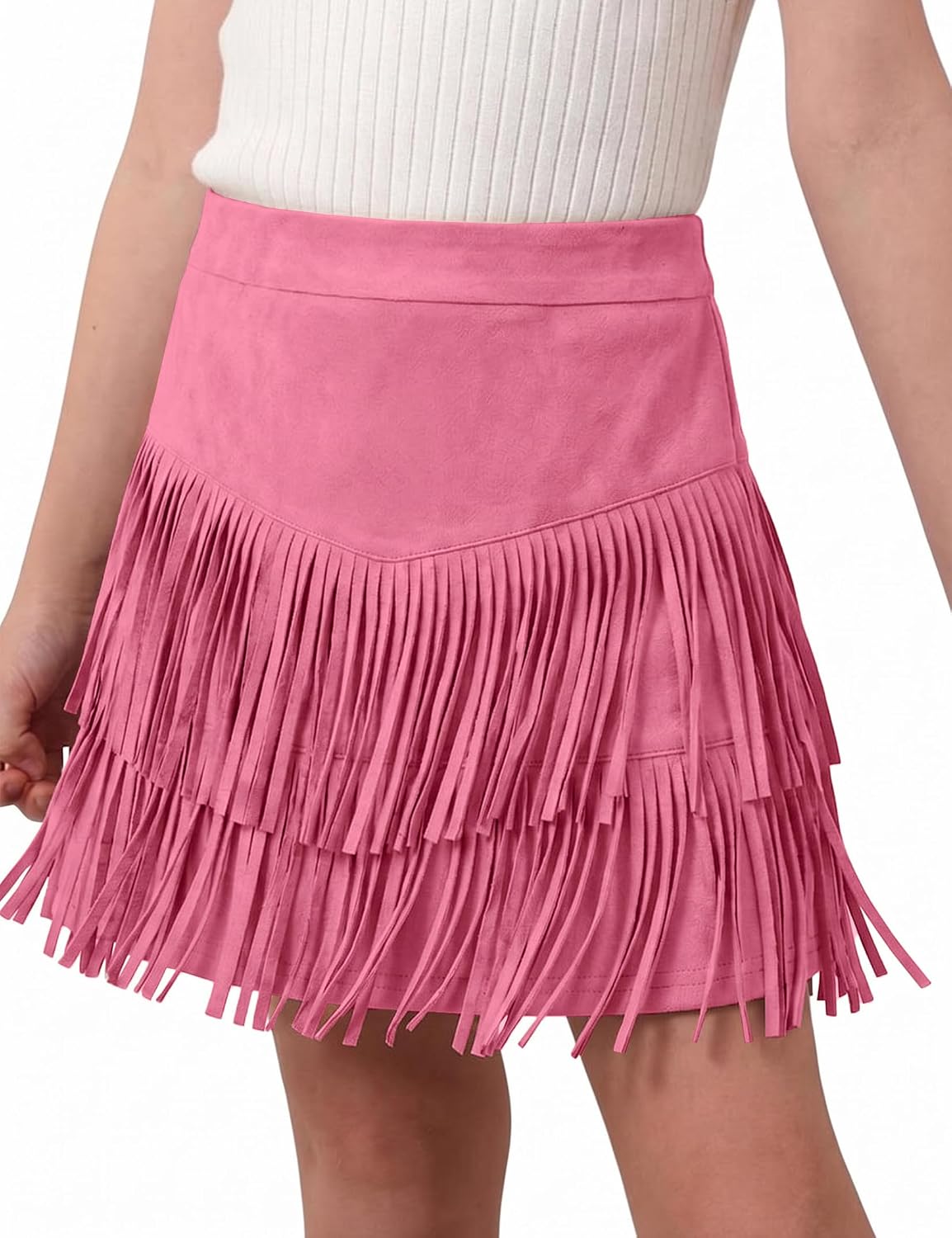YesFashion Girls Fringe Skirts Western Cowgirl High Waist Mini Skirt Suede Boho Tassel Skirt for Country Concert