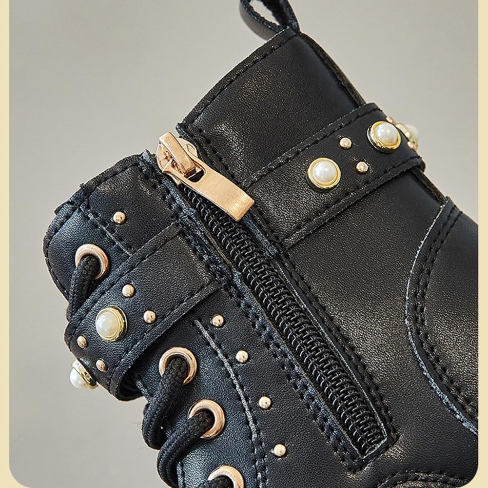 Girls Ankle Boots Spring Transition Lace Up Combat Booties Pearl Studded Riding Shoes (Toddler/Little Kid/Big Kid)