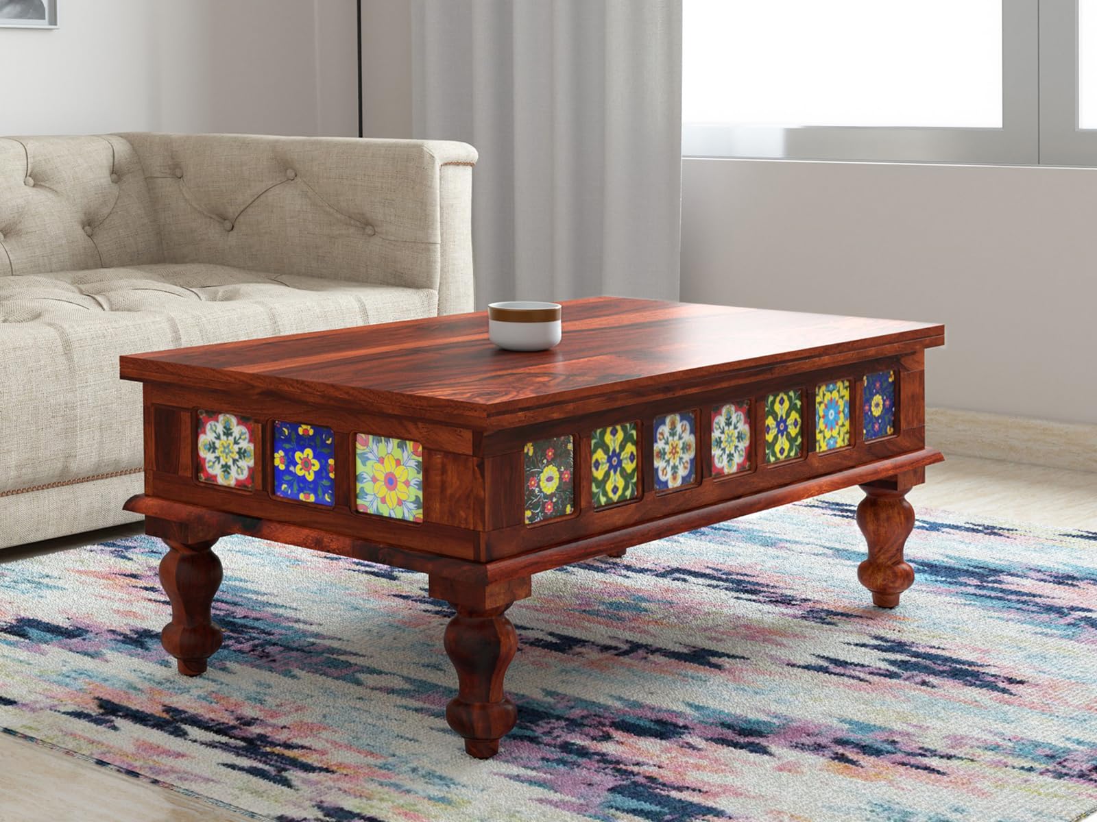 VeLivings Wooden Rectangle Center Coffee Table for Living Room | Solid Wood Sofa Centre Table with Tiles for Home & Office | Sheesham Wood, Honey Finish-picture-12