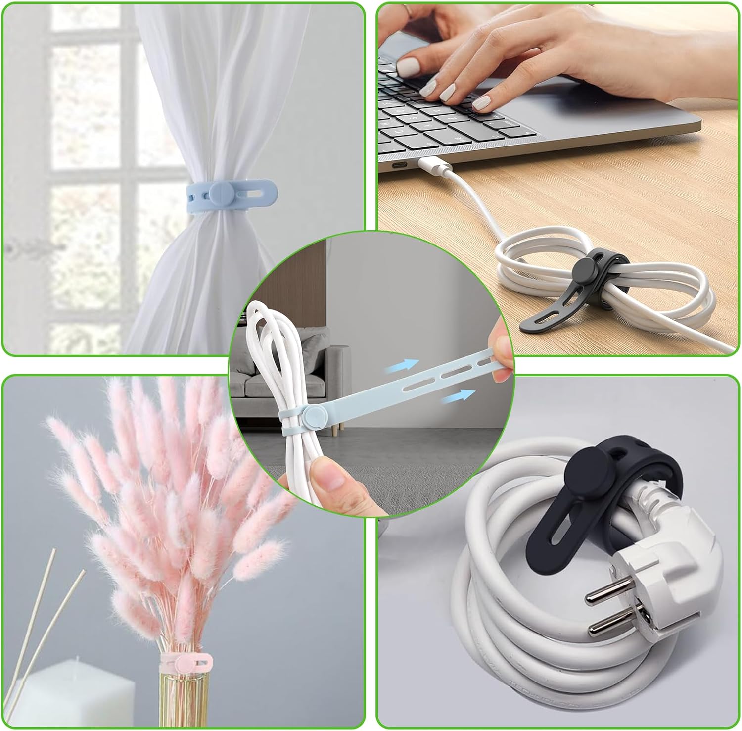 15Pcs Silicone Cable Ties Reusable,Silicone Cable Straps, Multipurpose Elastic Cord Organizer Wrap,Adjustable Cable Strap Tie for Bundling and Fastening Cable Cords Wires, Earphone, Phone Charger