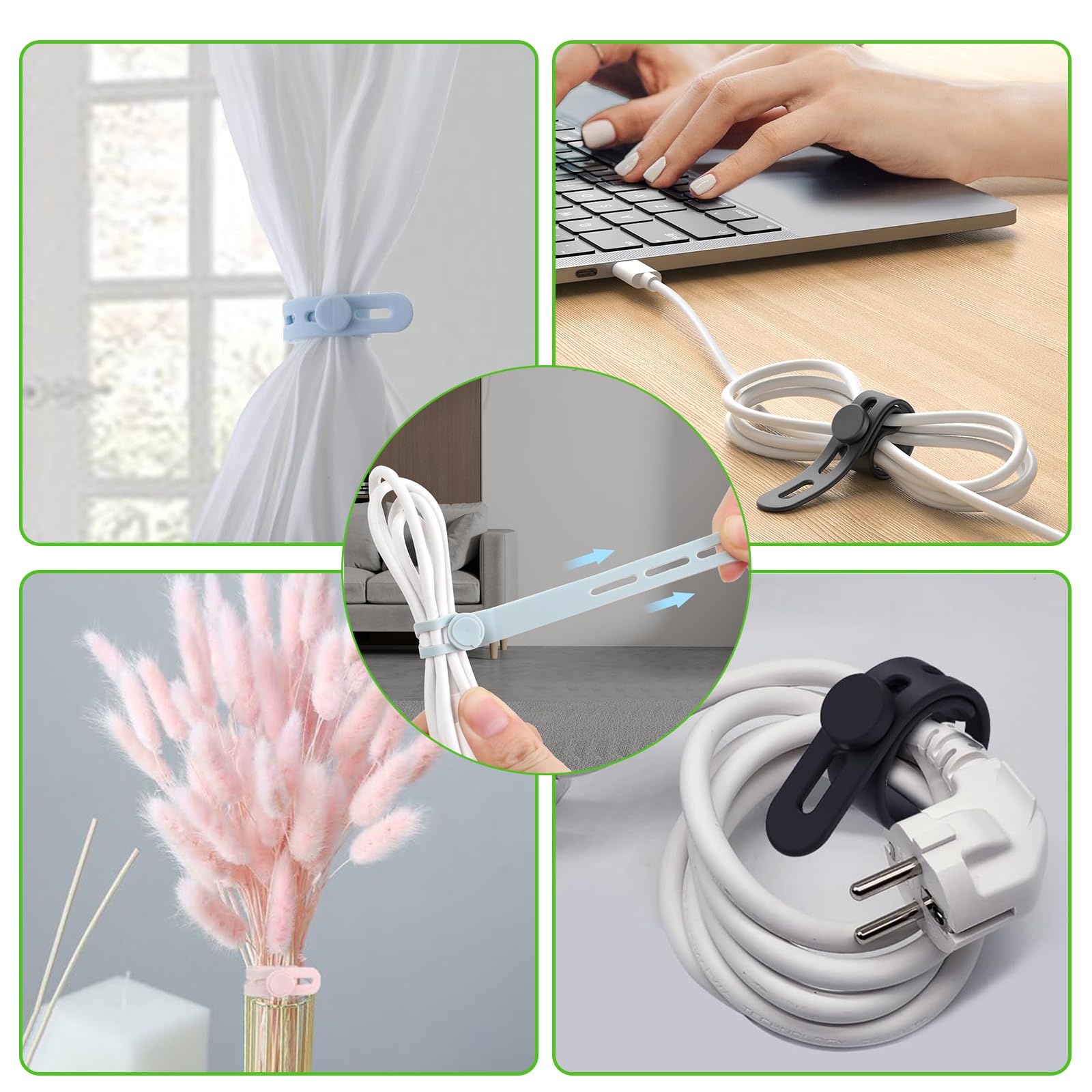 Catcan Lot De 24 Attaches De Câble Réutilisables En Silicone Pour Cordons électriques, Sangles élastiques Multi-usages Pour Regrouper Les Cordons De Charge, Câbles D'écouteurs (6 Couleurs