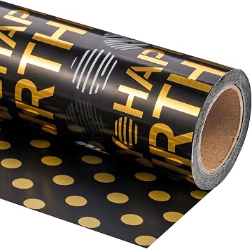 WRAPAHOLIC Reversible Birthday Wrapping Paper Roll - Mini Roll - 17 Inch x 10 Feet - Happy Birthday Lettering and Polka Dots Design Perfect for Kids, Baby Shower