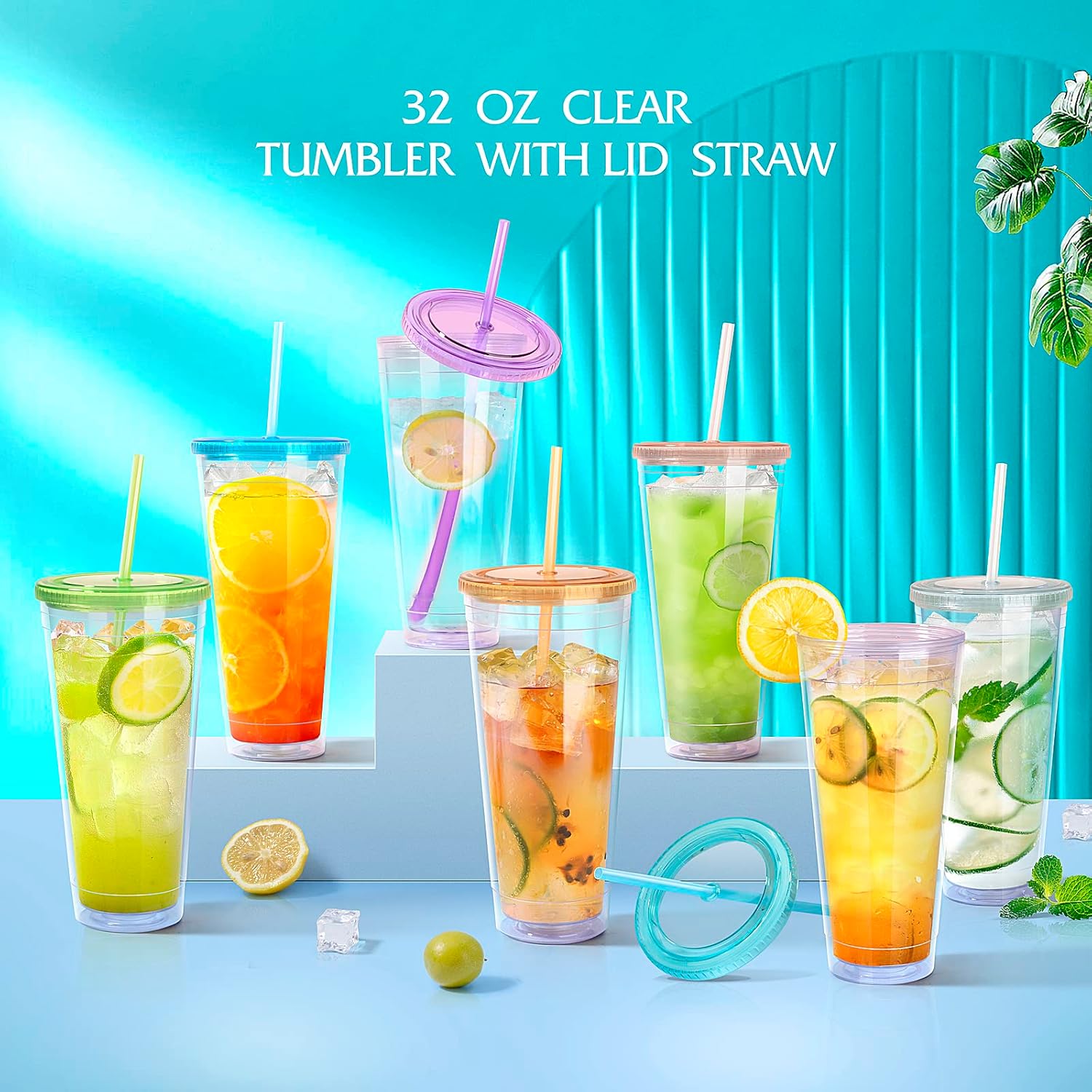 32oz Colorful Tumblers with Lid and Straws,Double Walled Clear Plastic Straw Cup,Reusable Insulated Cups Perfect for Parties,Birthdays,Weddings,Graduation -2 Pack - Image 7