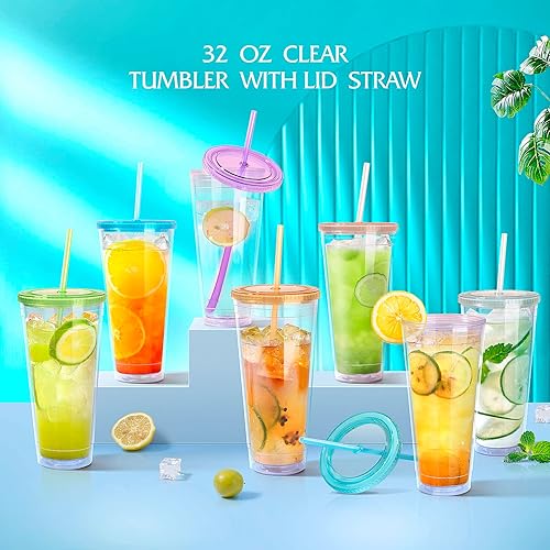 Miniatura 7 de Vasos acrílicos de 32 onzas con tapa y popotes, vaso de plástico transparente de doble pared, vasos aislados reutilizables, perfectos para fiestas,