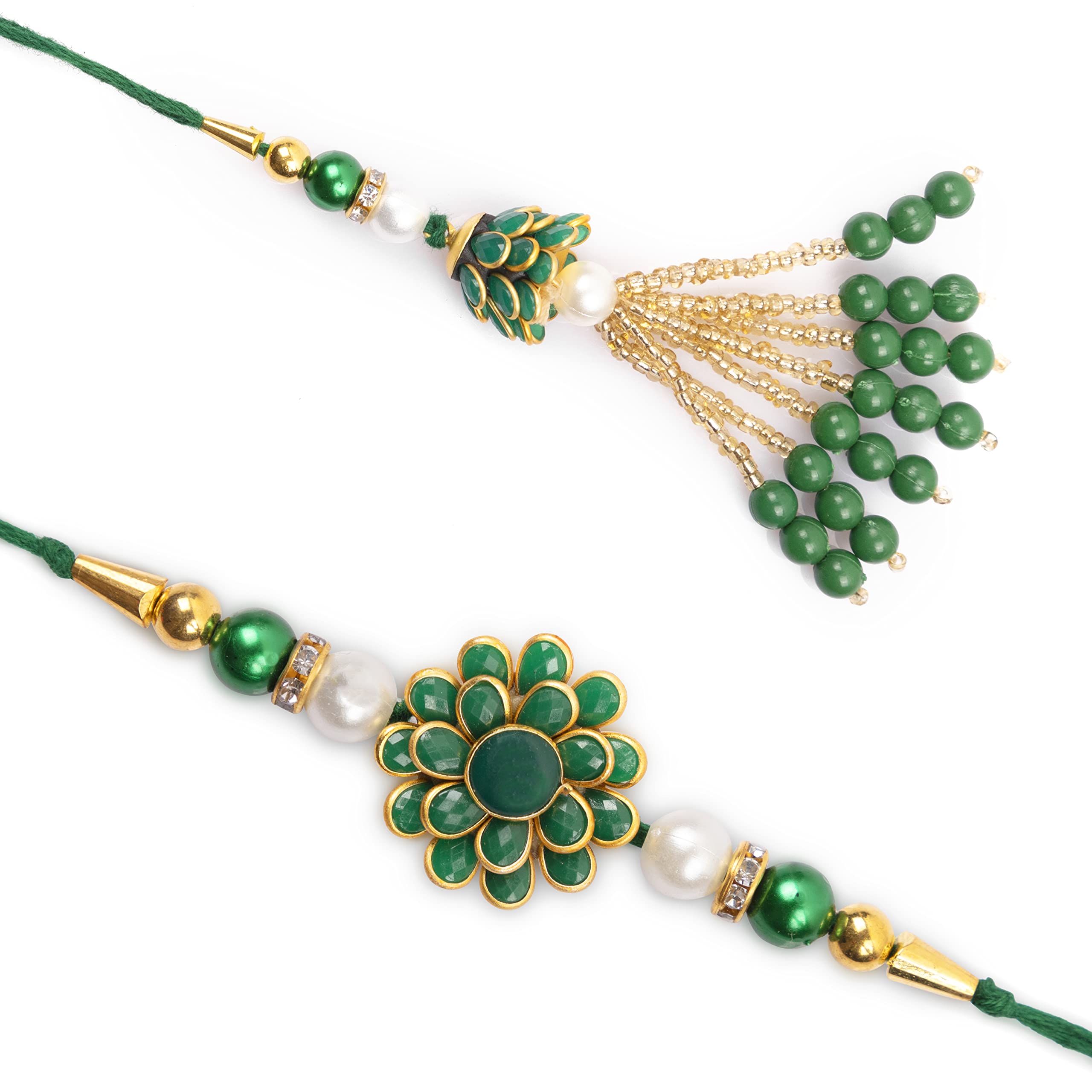 SMIZZY ; (RE) TOUCHING LIVES Combo Set Of 2 Designer Kundan Pearls Lumba Bracelet With Printed Potli Bag, Roli Chawal And Greeting Card For Brother