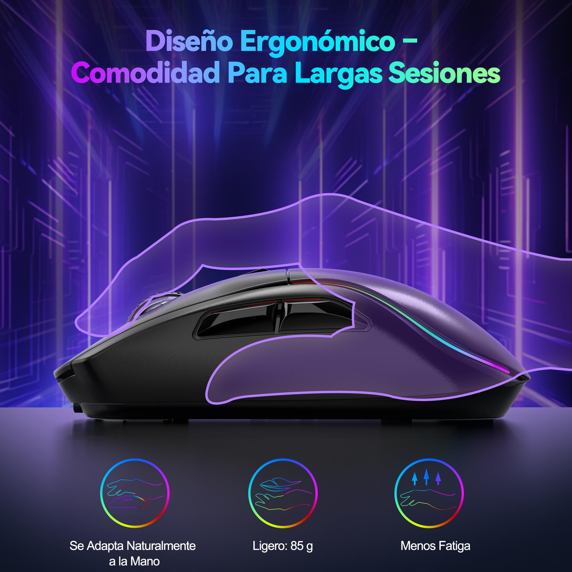 TECKNET Ratón Gaming Inalámbrico 24000 dpi, Conexión Bluetooth / 2.4G / USB-C, Recargable, 1000 Hz Tasa de Sondeo, 6 Botones Programables y Luces RGB Personalizables, Ergonómico para PC/Mac