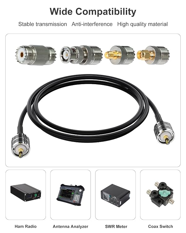 Foboiu RG58 Coaxial Cable 50FT, CB Antenna Cable, PL259 UHF Male-to-Male Coax, 50 Ohm Coax with 4 Adapters: SO-239 (UHF Female)/SMA/BNC/UHF Male for CB Radio, Antenna Analyzers, SWR Meters by Foboiu - Used condition - Image 3