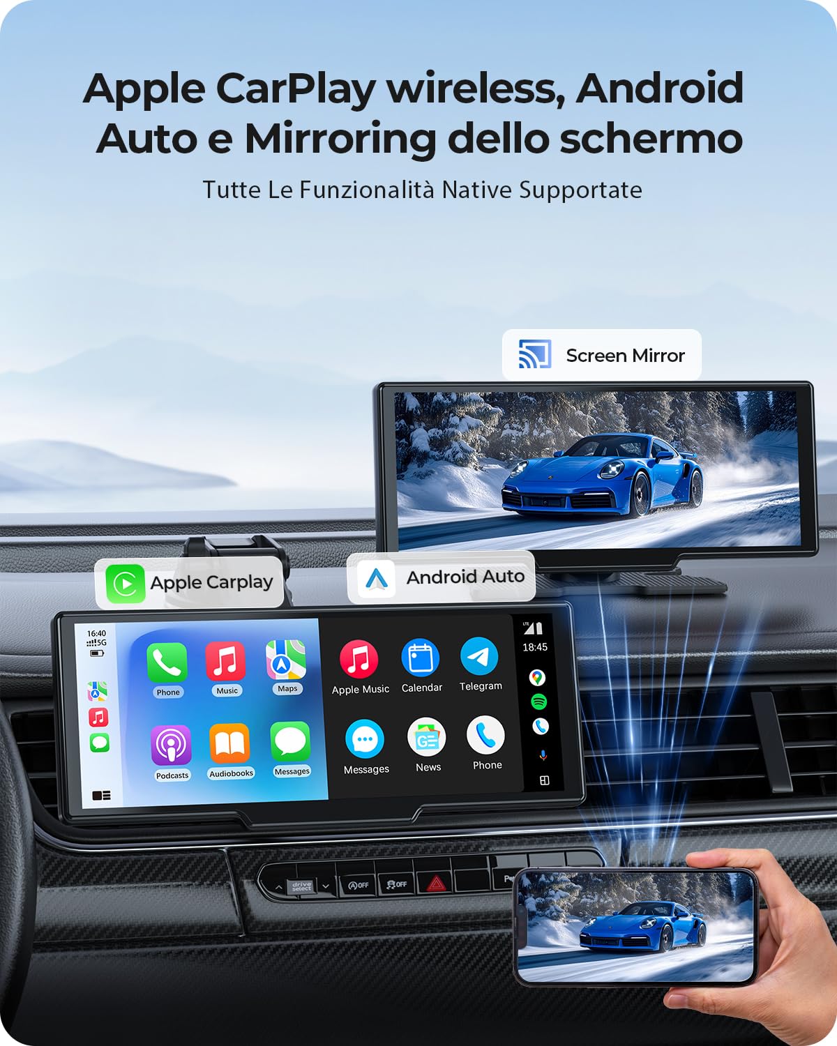 Schermo Auto Portatile 9,26" Wireless con Dash Cam Frontale 4K e Posteriore HD, Apple CarPlay, Android Auto, OTA, Mirror Link, Bluetooth 5.0, Controllo Vocale, GPS, FM