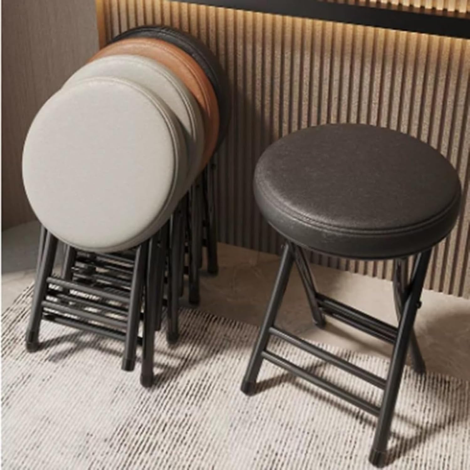 Folding Stool, Circular Cushioned Folding Stool, Sturdy Metal Frame Portable seat, Compact Design that Saves Space