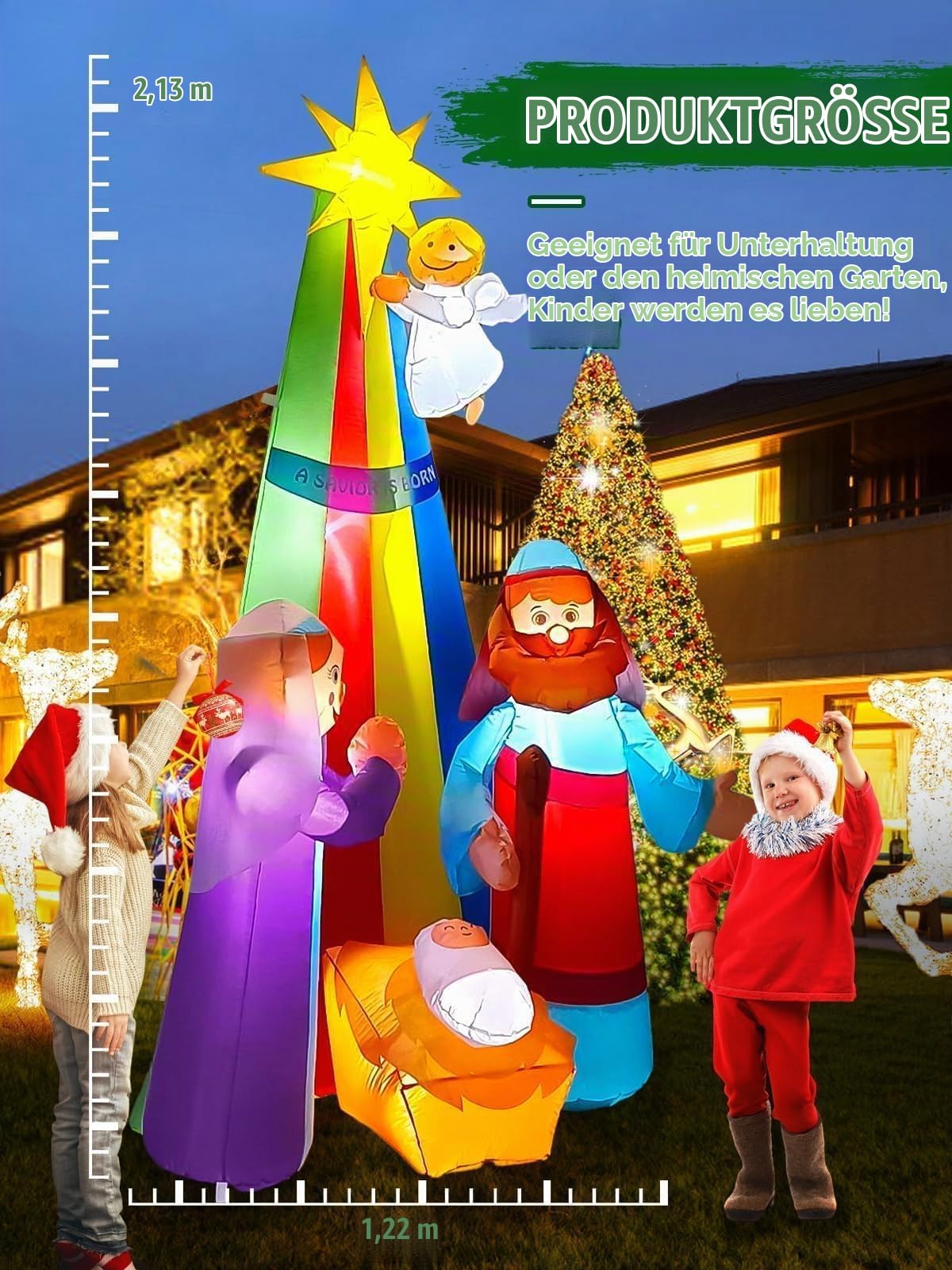 Kalolary 7FT Weihnachten Aufblasbare Jesus Dekoration | Beleuchtete Outdoor Krippe mit Stern von Bethlehem Blasen Hof Dekorat für Garten Rasen Outdoor Dekorationen (Die Krippe)