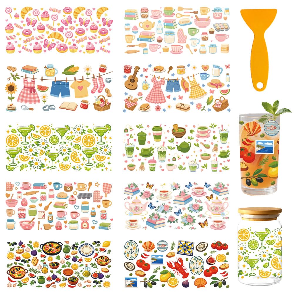 GOMAKERER 10 Pcs Cute Food UV DTF Cup Wraps for 16OZ Glass, Kitchen Themed UV DTF Transfer Stickers Waterproof Rub on Transfer Decals for Glass Bottle Vase Furniture Crafts, 4.3 x 9.4 Inch