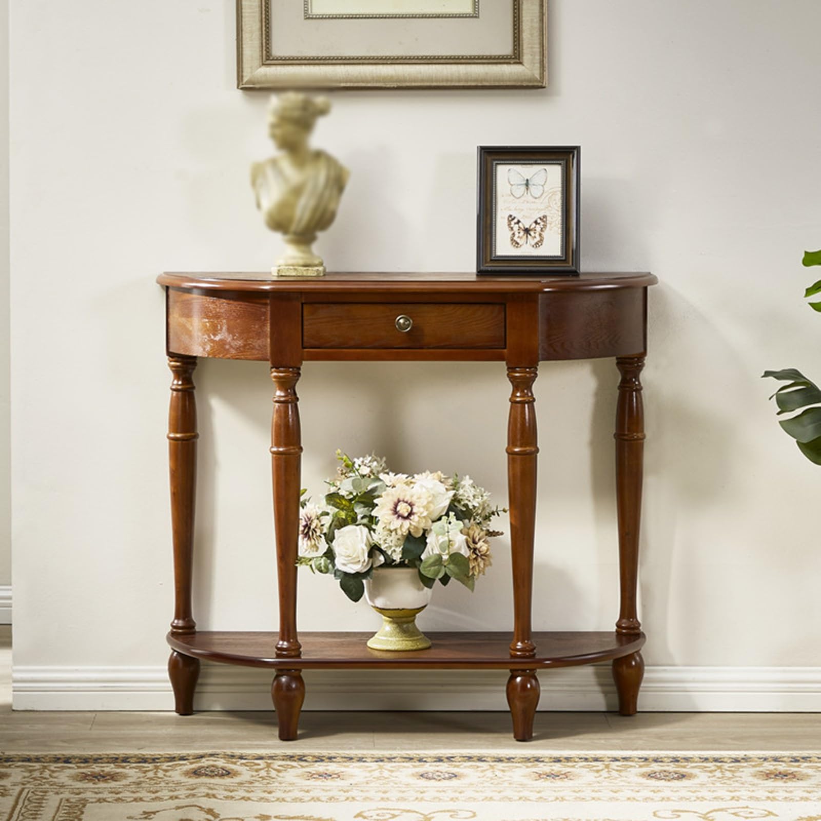 Mesa consola semicircular de madera maciza con estante para entrada
