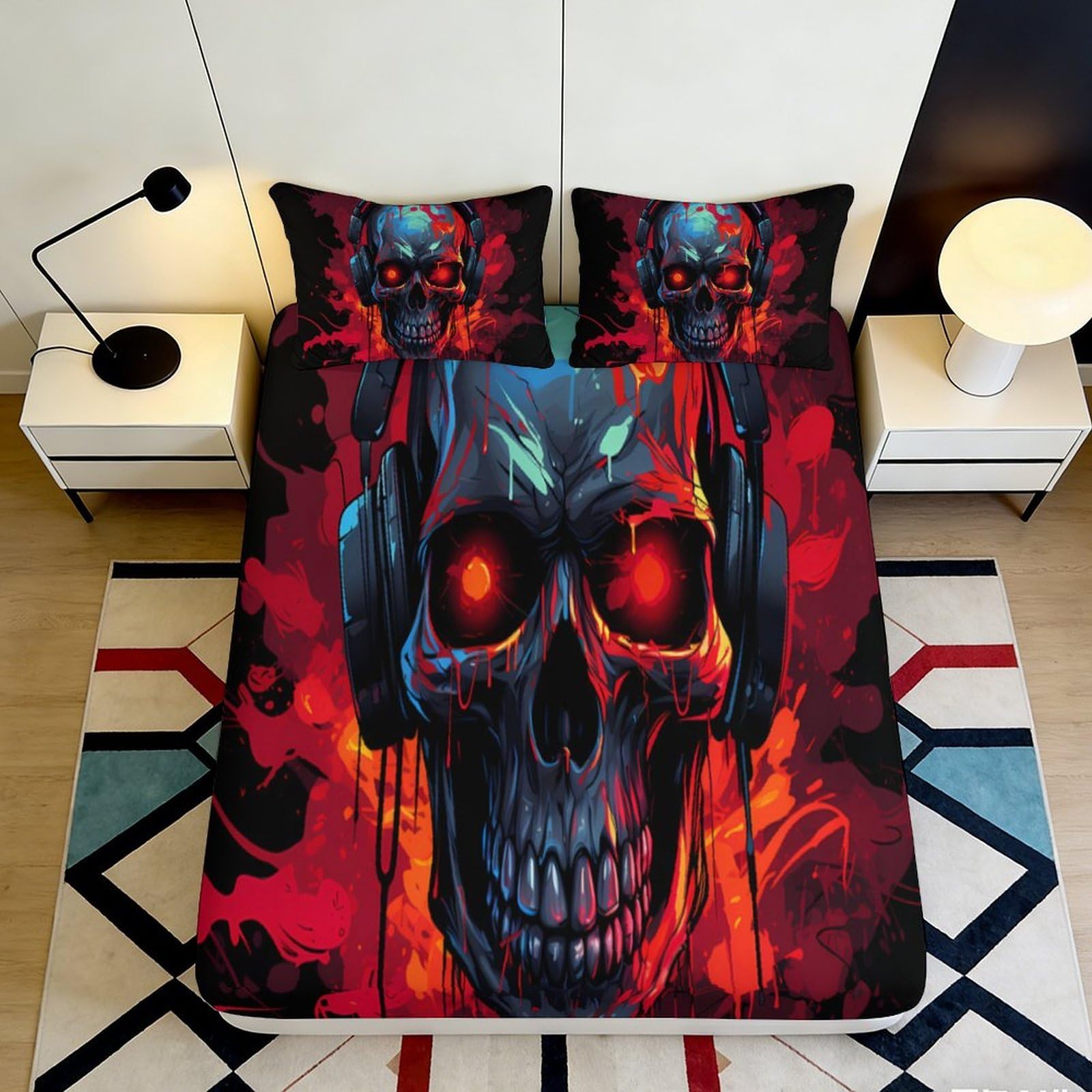 3D Printed Skull Fitted Sheet Microfiber Deep Pocket Non-Slip Skull Mattress Fitted Cover Full Wrap Washable for Bedroom 90x200x25cm