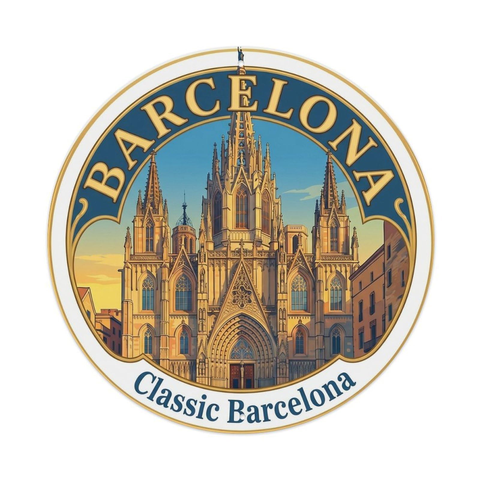 Vintage Travel Barcelona Cathedral Spanish Landmark Metal Tin Sign Plaque Wall Decor for Cafe, Club, Garden Round Metal Poster 8x8Inch