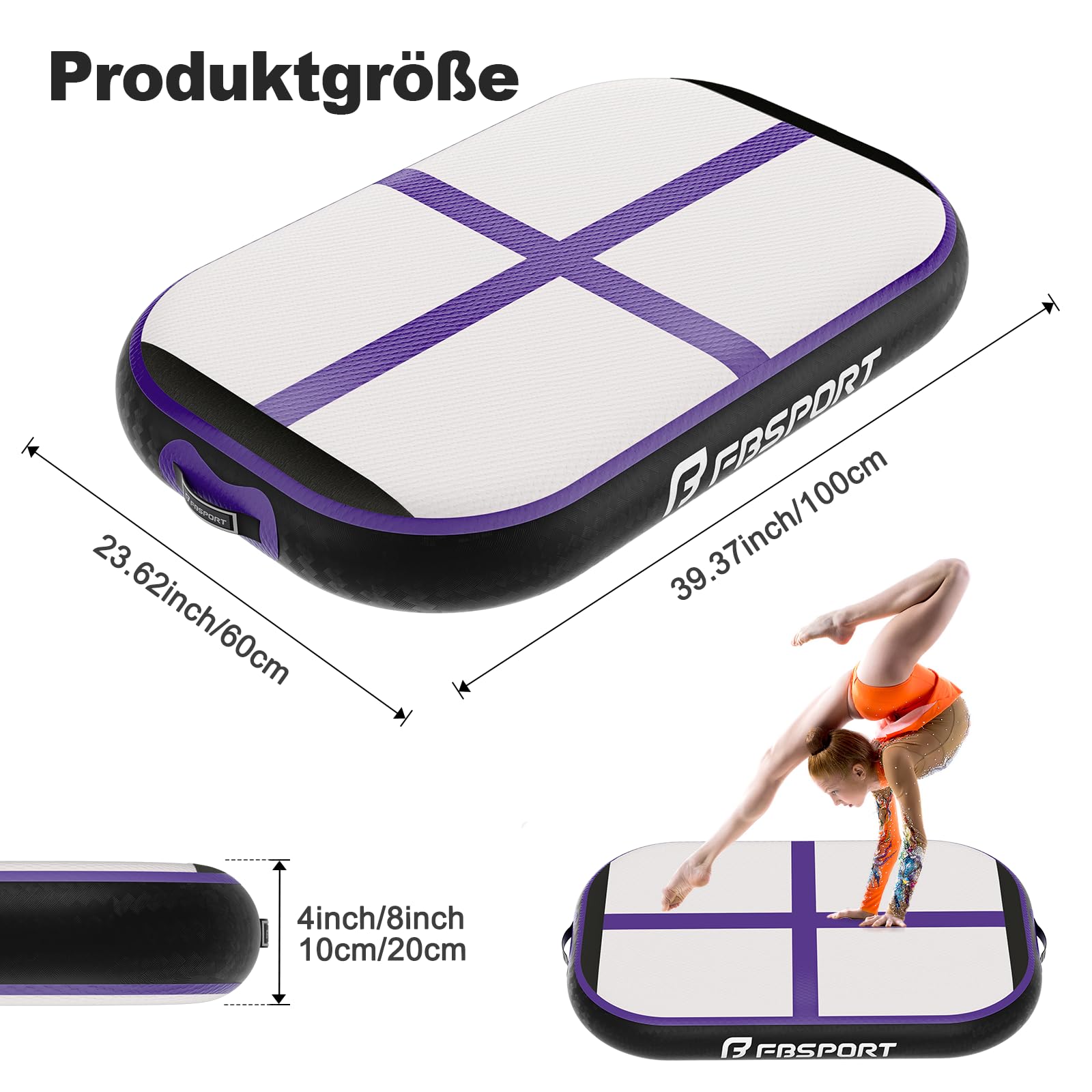 FBSPORT Airtrack Matte, 10/20cm Hoch Verdicken 60CM Tumbling Matte,Gymnastikmatte mit Luftpumpe,Trainingsmatte mit Tragetasche,Turnmatte für Zuhause, Outdoor,Yoga, Übungsgymnastik