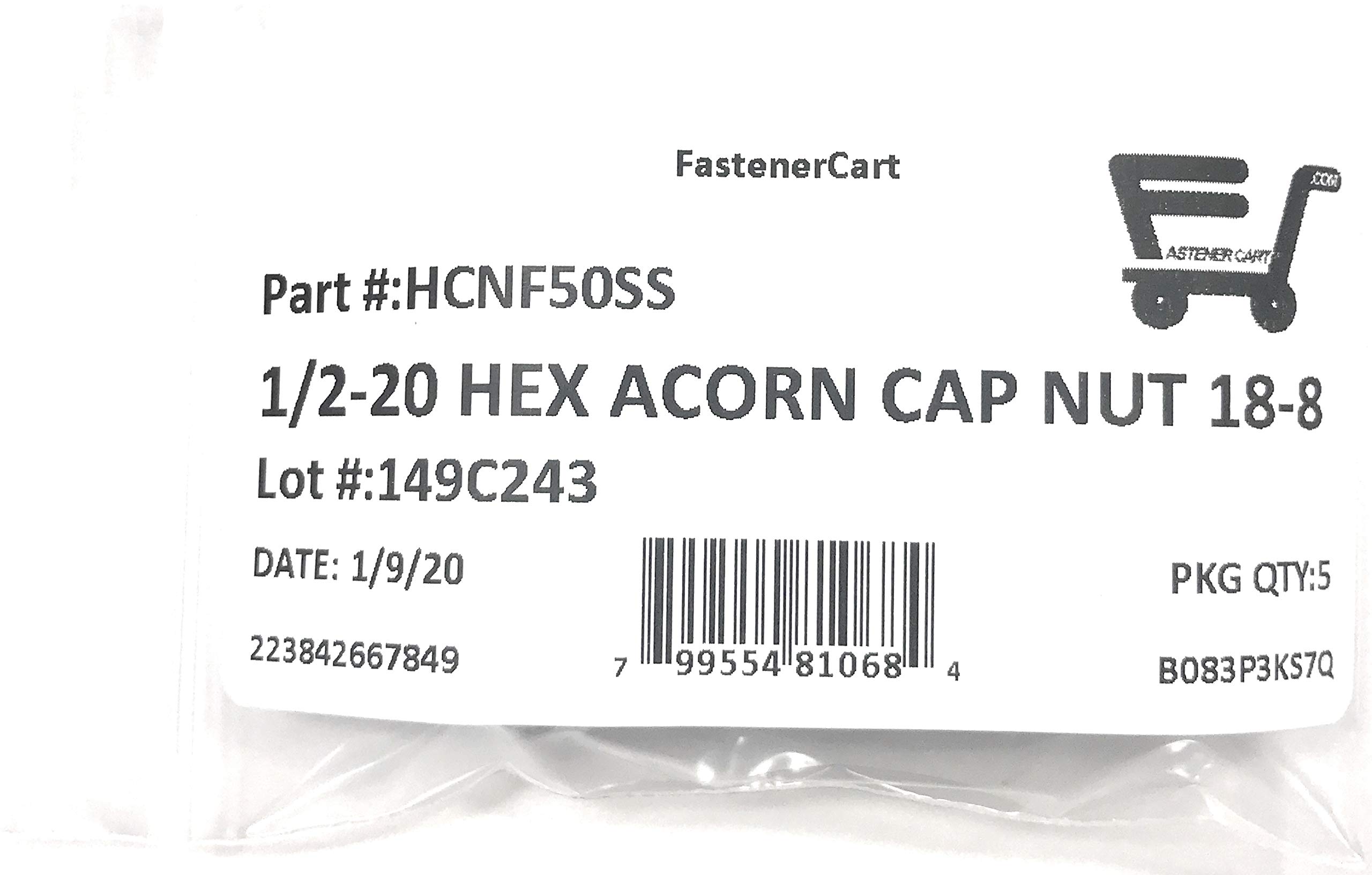 5 Pack 1/2-20 Stainless Steel Acorn Dome Cap Hex Nut - 18-8 Stainless, 1/2x20