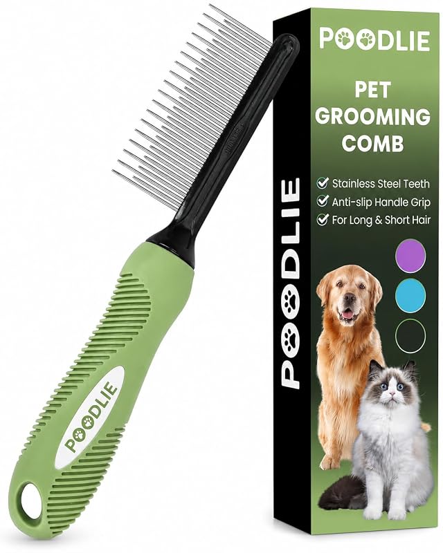 Pente Desembaraçador para Cães e Gatos POODLIE com Dentes Longos e Curtos em Aço Inoxidável Verde