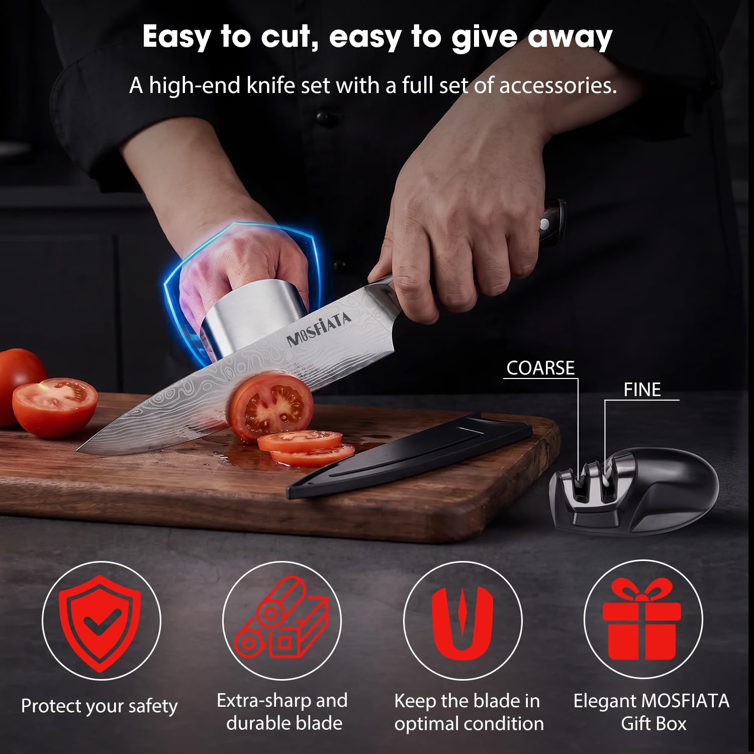 MOSFiATA 8" Super Sharp Professional Chef's Knife with Finger Guard and Knife Sharpener, German High Carbon Stainless Steel EN1.4116 with Micarta Handle and Gift Box — Amazon image 10