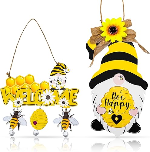 Lianxuia 2 letreros de bienvenida de abeja, letrero de puerta de gnomo de girasol de madera, decoración colgante de abeja feliz, adecuado para
