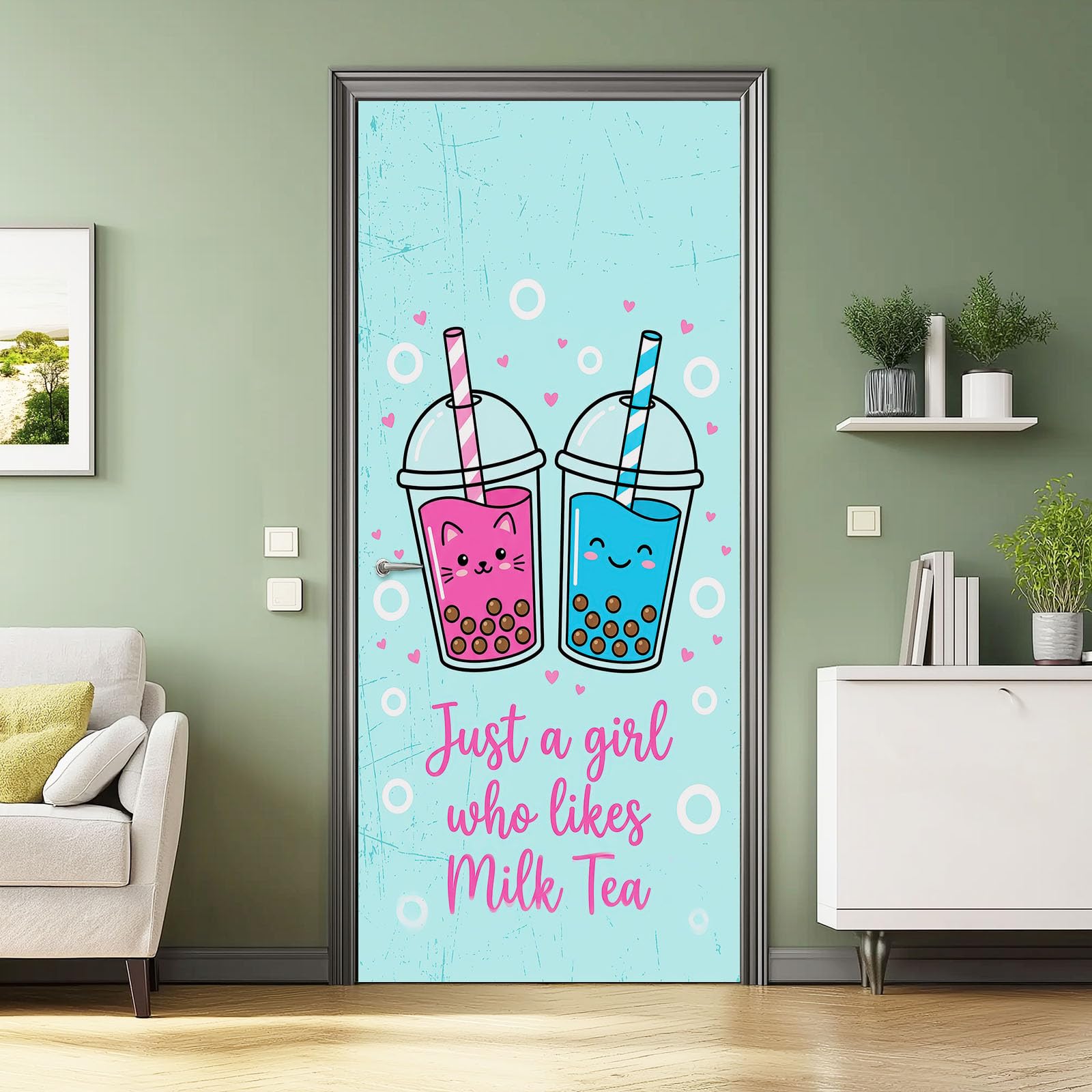 Naklejka na drzwi 3D - Dekoracja kreskówkowa 90 x 200 cm naklejki ścienne pcv, urocza perłowa serce herbata mleko kubek renowacja t na ścianę salon kuchnia sypialnia przedpokój, niebieski