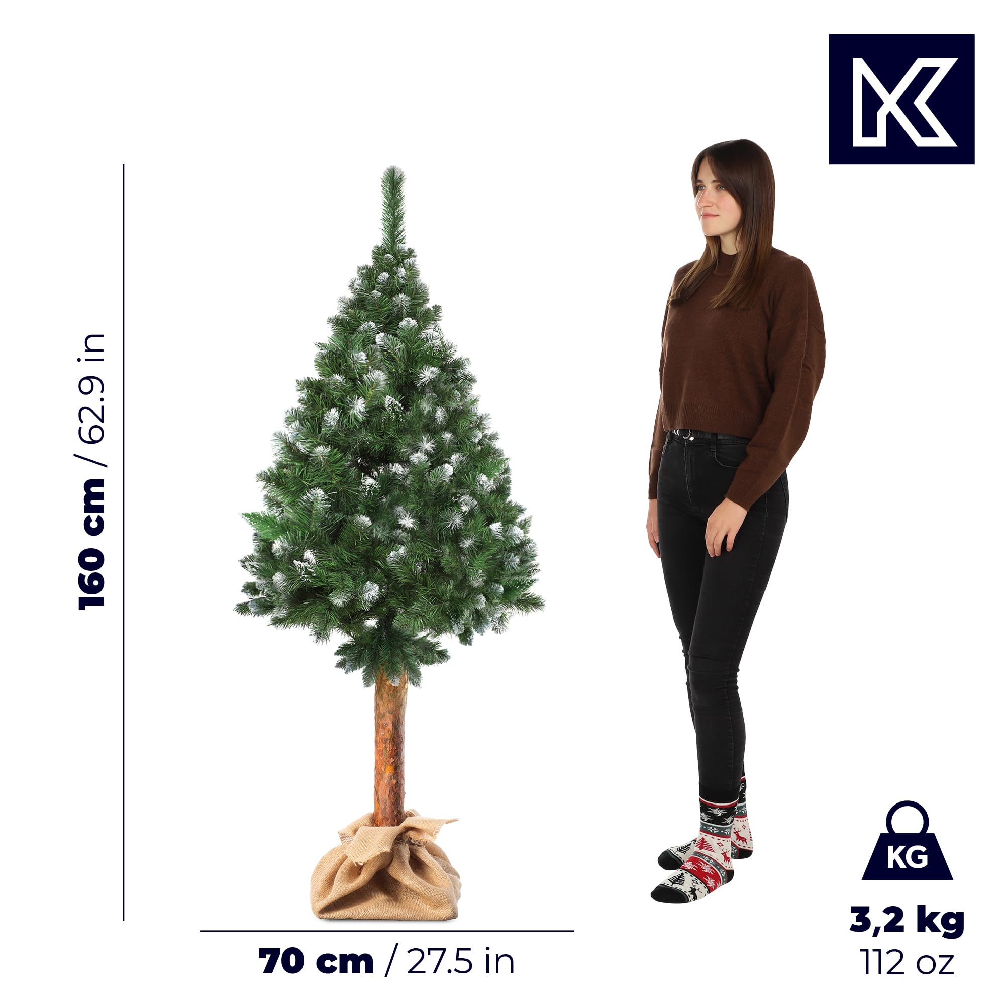 KADAX Sapin de Noël artificiel 160 cm - Pin avec tronc naturel et pointes enneigées - En PVC avec support stable - Décoration de Noël (Anni 160 cm)
