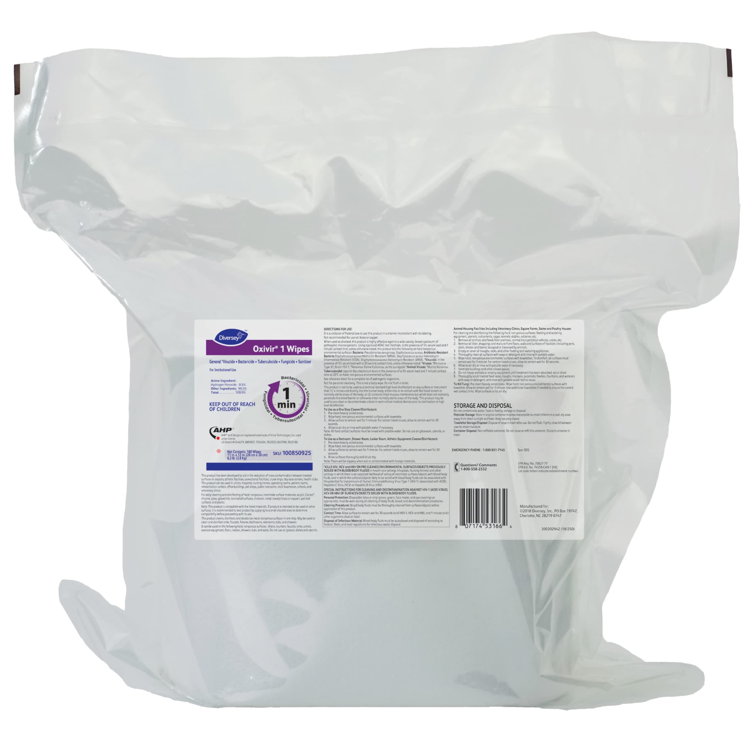 Oxivir Diversey 1 100850925 Disinfectant Cleaning Wipes Pre-Moistened with Accelerated Hydrogen Peroxide AHP Unscented 160 Extra Large 11x12-Inch