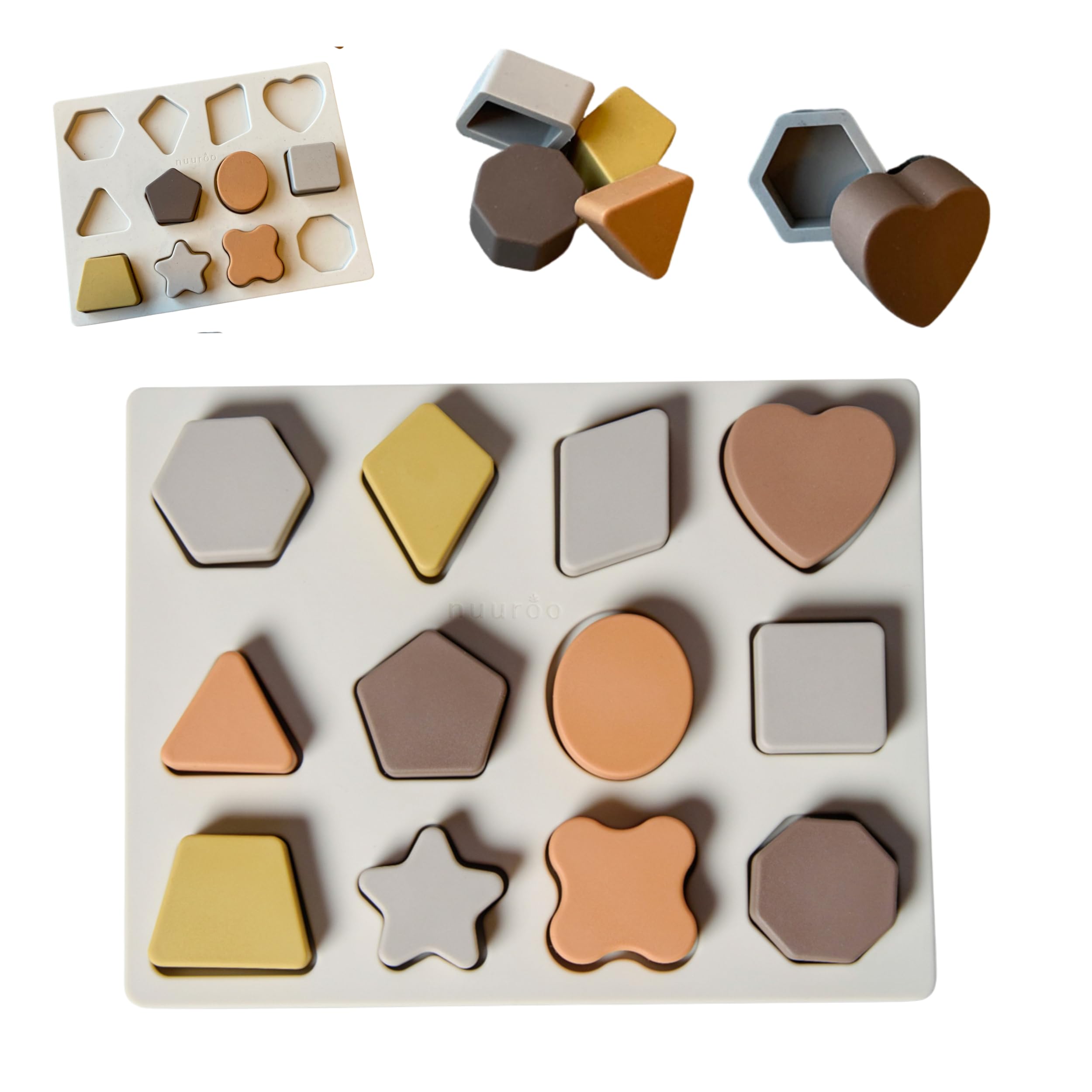 NUUROO Silicone Puzzle for Babies & Toddlers | 12-Piece Geometric Shape Sensory Sorting Toy | Safe Silicone for Hand-Eye Coordination & Fine Motor Skills | Designed in Denmark (Brown Mix - Puzzle) — image 1