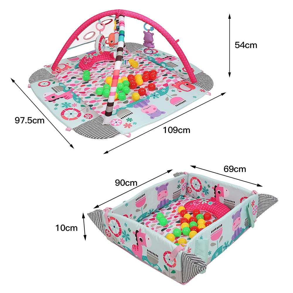 Alfombra de Juego, Gimansio de Actividades para Bebés, Alfombra Bebe con Arco de Juego y Juguetes Sensoriales, Piscina de Bolas (Rosa A)