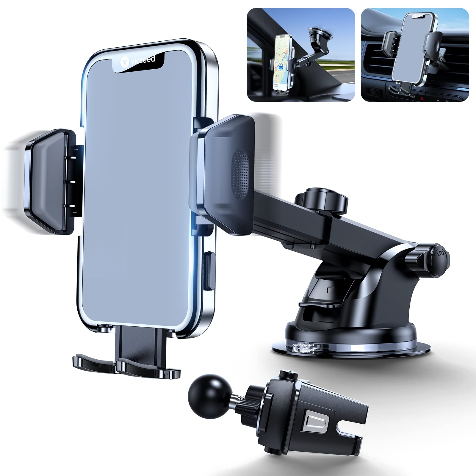 VICSEED Cell Phone Holder for Car, [High Temperature Resistance Suction  Cup] Car Phone Holder Mount Universal Dashboard Windshield Air Vent Clip  Long