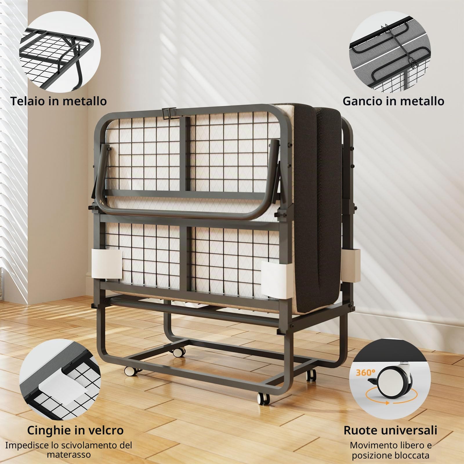 CAIYUN Letto pieghevole deluxe per adulti, letto da riso pieghevole con spessore di 12,5, materasso in memory foam con robusto telaio in acciaio/letto in metallo, portata fino a 150 kg (80 x 190 cm)