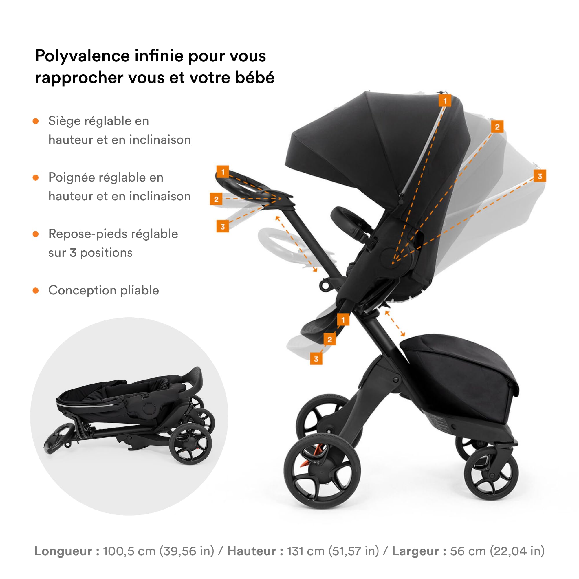 Stokke Xplory X, Bleu - Poussette de luxe - Réglable pour le confort de bébé et des parents - Rembourrage, harnais et fermeture éclair réfléchissante pour plus de sécurité - Se plie en un tournemain