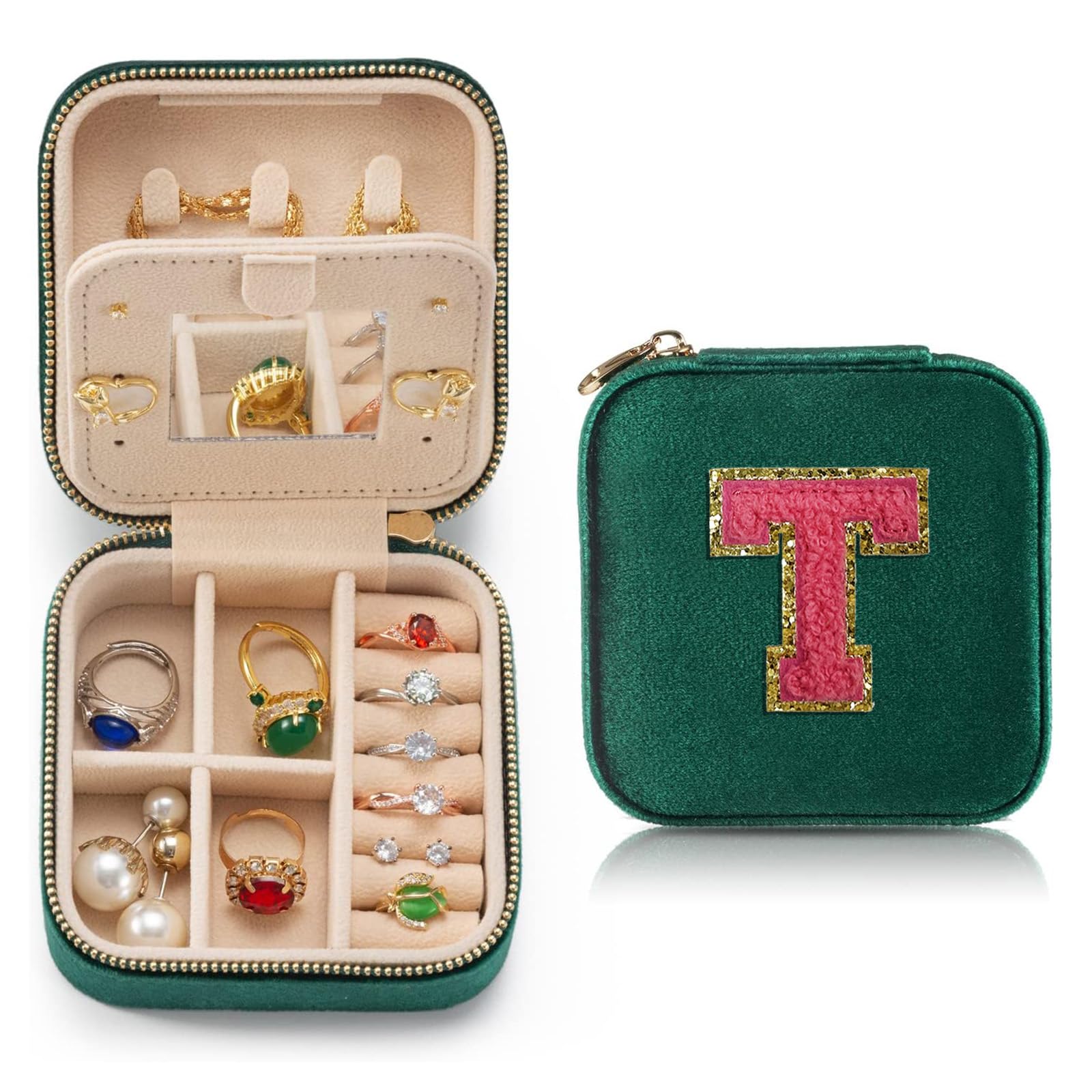 Personalized Small Velvet Travel Jewelry Case for Women Ring Necklace Earring Holder Organizer Box with Mirror, Velvet Green Jewelrys Case Girls Jewelryes Box,Birthday Gifts Mom Letter T