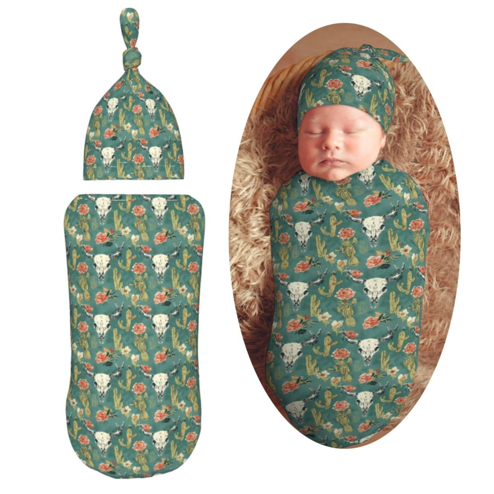 Western Bull Skulls and Cactus Newborn Swaddle Blankets Hat Sets Soft Baby Receiving Blanket Swaddle Sack for Baby Shower Infant Boy Girl Gift